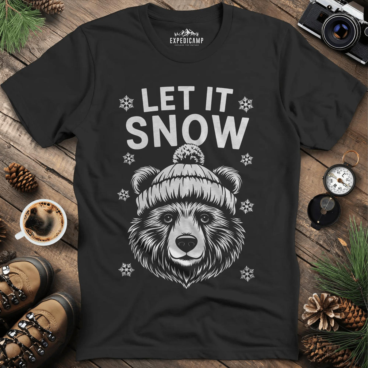 Let It Snow Bear T-Shirt - Cozy Winter – Black – Outdoor apparel for travel, hiking, camping, and nature lovers – ExpediCamp