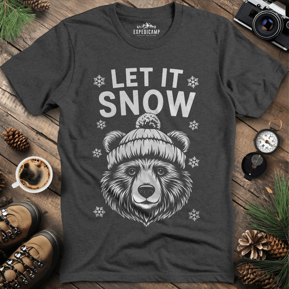 Let It Snow Bear T-Shirt - Cozy Winter – Dark Heather – Outdoor apparel for travel, hiking, camping, and nature lovers – ExpediCamp
