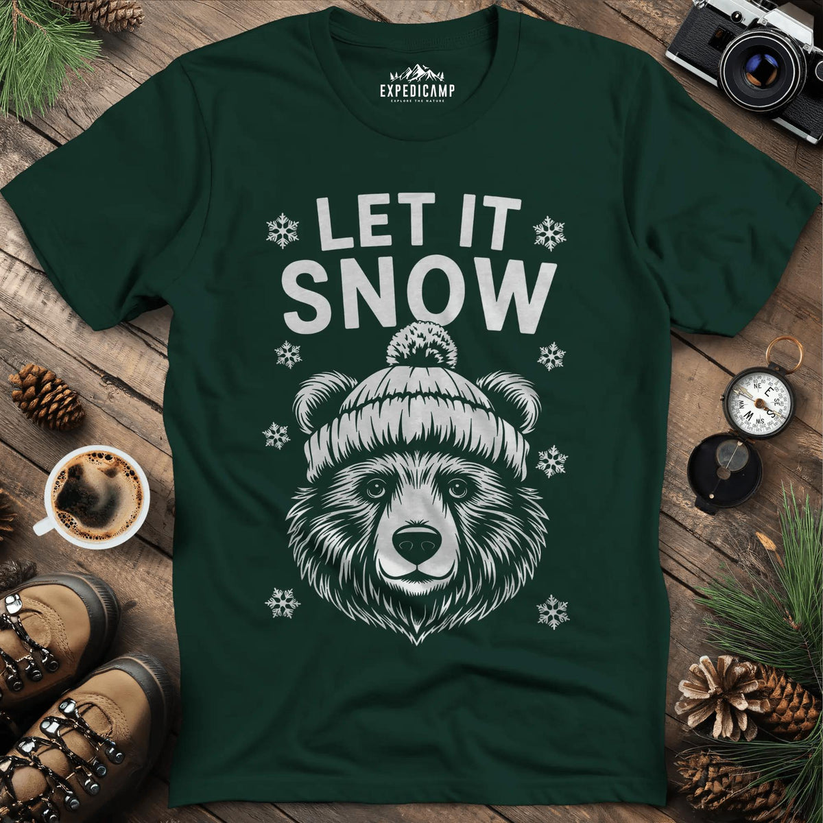 Let It Snow Bear T-Shirt - Cozy Winter – Forest Green – Outdoor apparel for travel, hiking, camping, and nature lovers – ExpediCamp