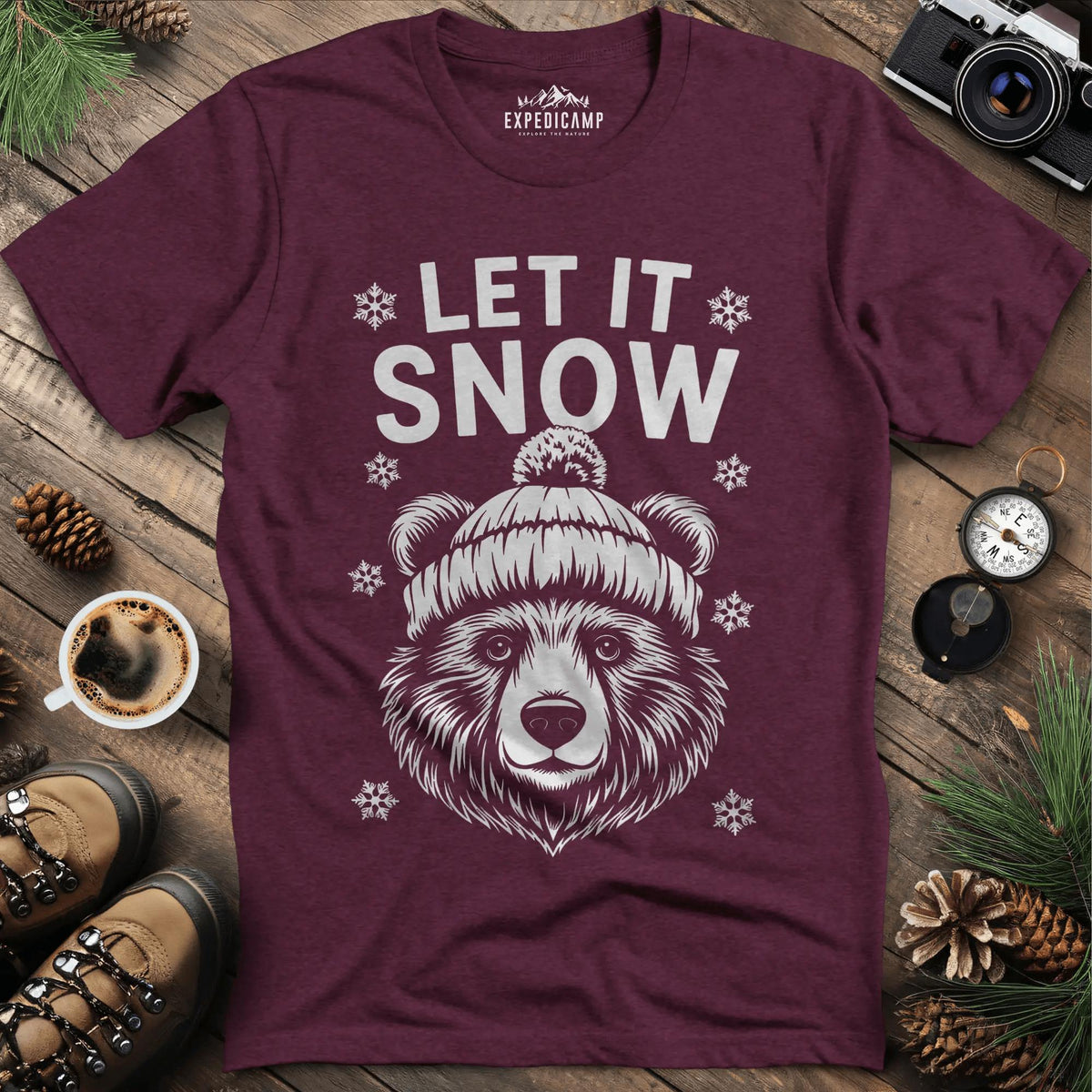 Let It Snow Bear T-Shirt - Cozy Winter – Heather Maroon – Outdoor apparel for travel, hiking, camping, and nature lovers – ExpediCamp