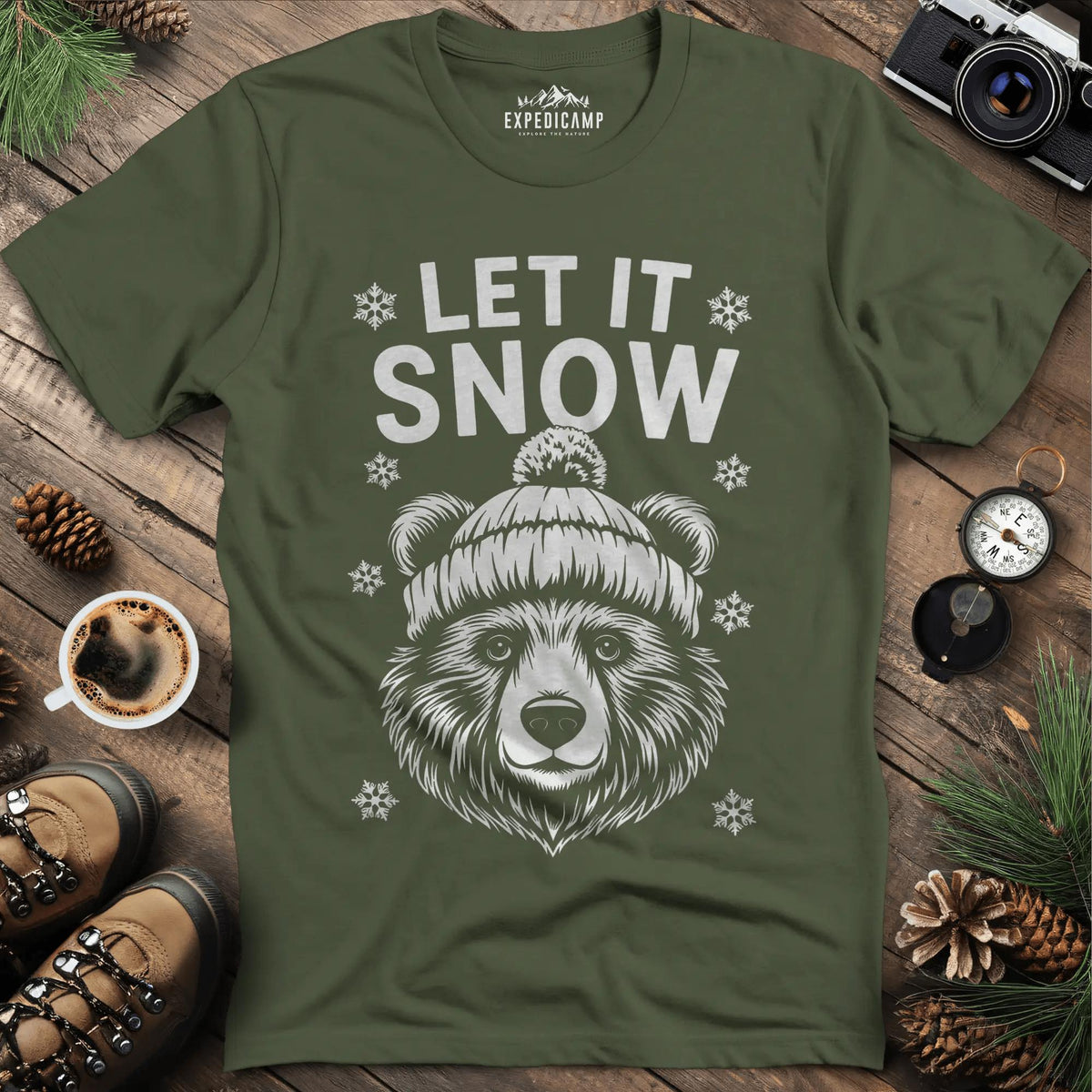 Let It Snow Bear T-Shirt - Cozy Winter – Military Green – Outdoor apparel for travel, hiking, camping, and nature lovers – ExpediCamp