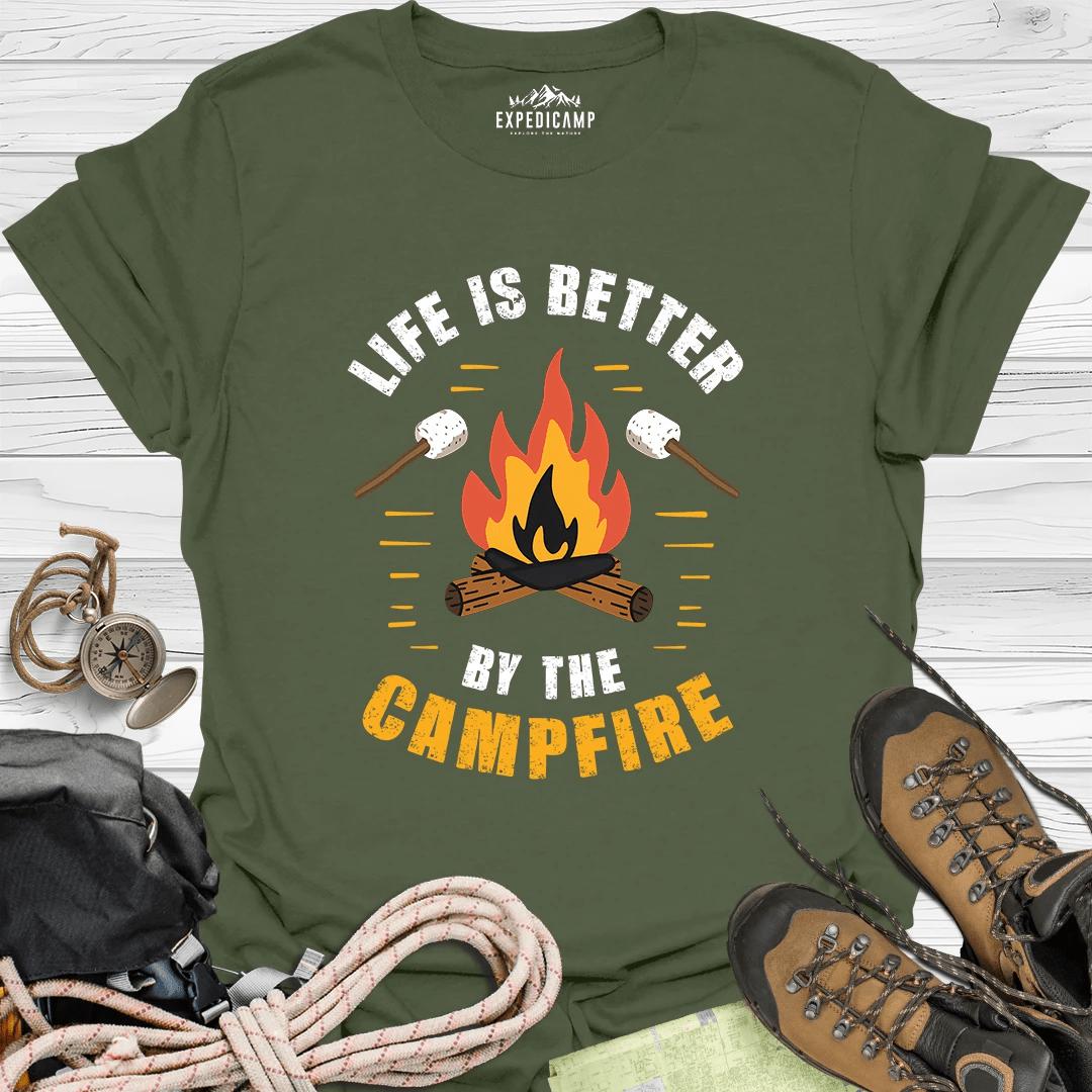 Life Is Better By The Campfire T-Shirt – Military Green – Outdoor apparel for travel, hiking, camping, and nature lovers – ExpediCamp