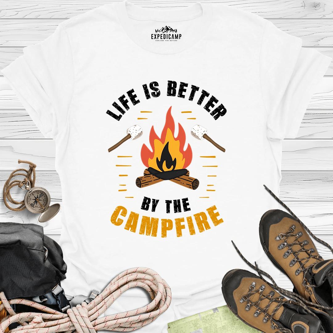Life Is Better By The Campfire T-Shirt – White – Outdoor apparel for travel, hiking, camping, and nature lovers – ExpediCamp