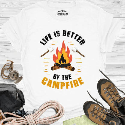 Life Is Better By The Campfire T-Shirt – White – Outdoor apparel for travel, hiking, camping, and nature lovers – ExpediCamp