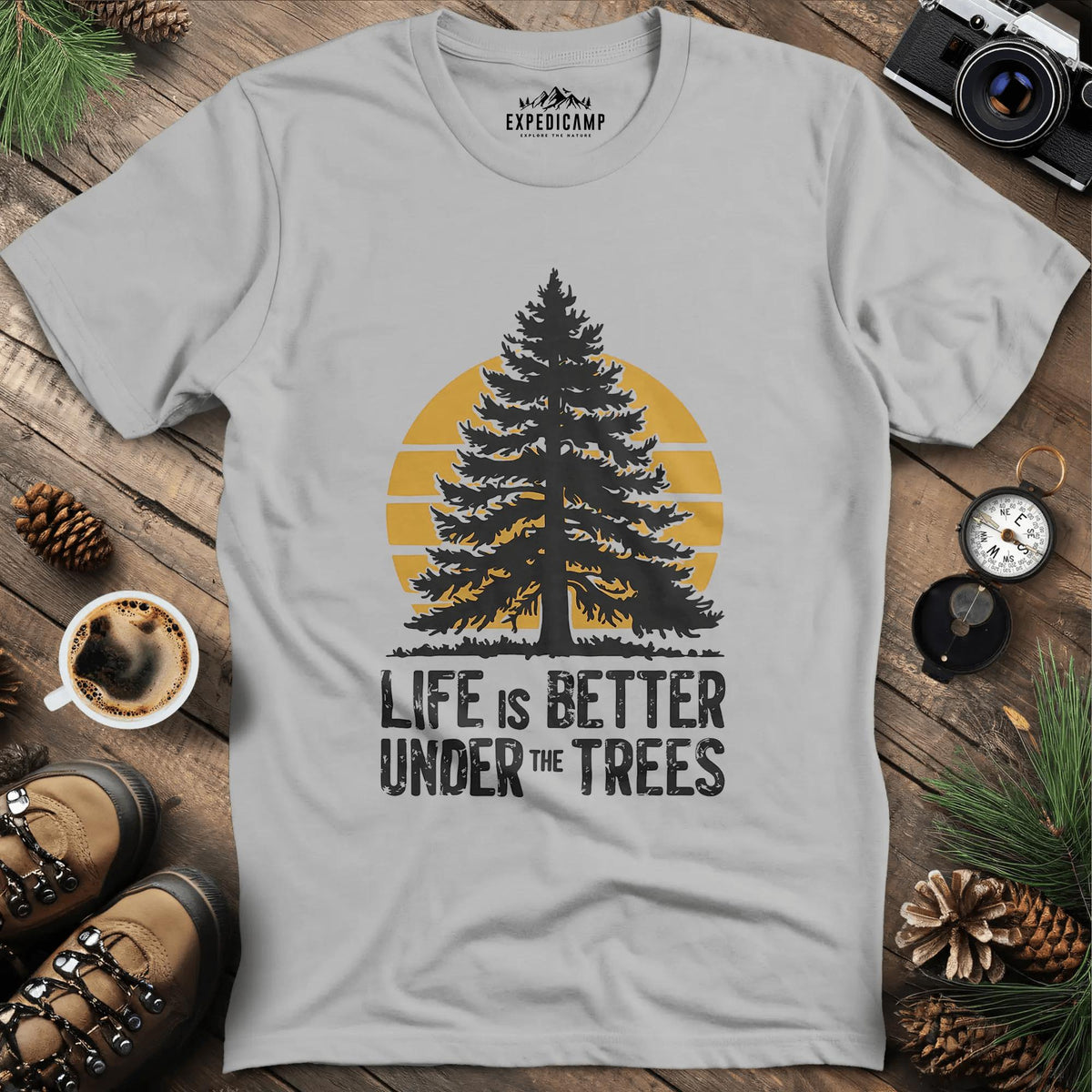 Life is Better Under the Trees T-Shirt – Ice Grey – Outdoor apparel for travel, hiking, camping, and nature lovers – ExpediCamp