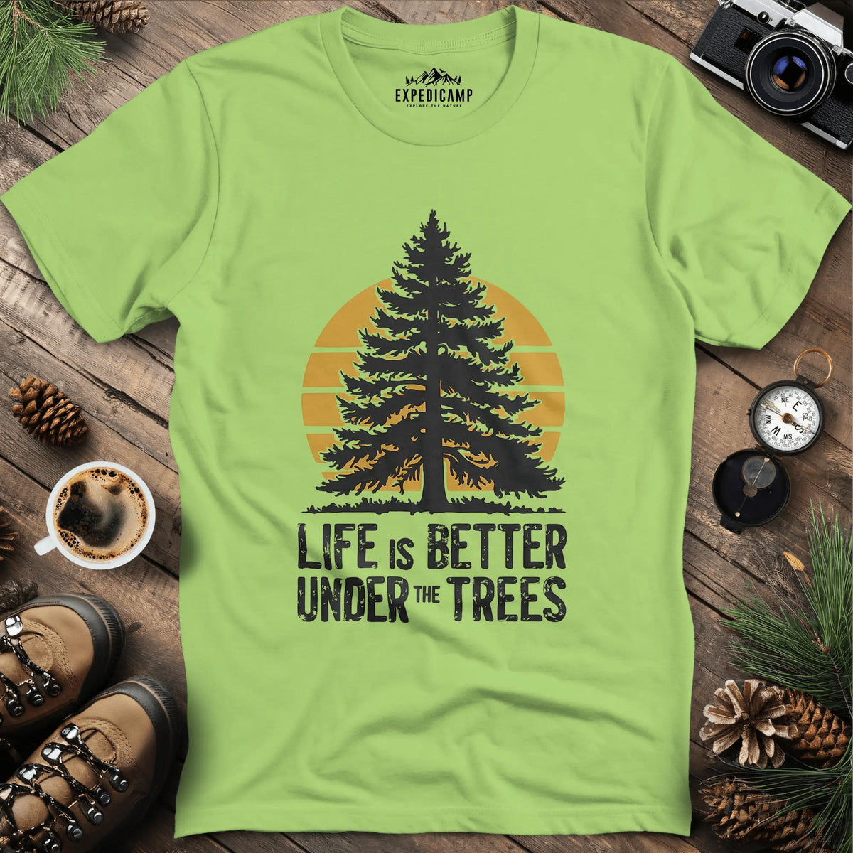 Life is Better Under the Trees T-Shirt – Kiwi – Outdoor apparel for travel, hiking, camping, and nature lovers – ExpediCamp