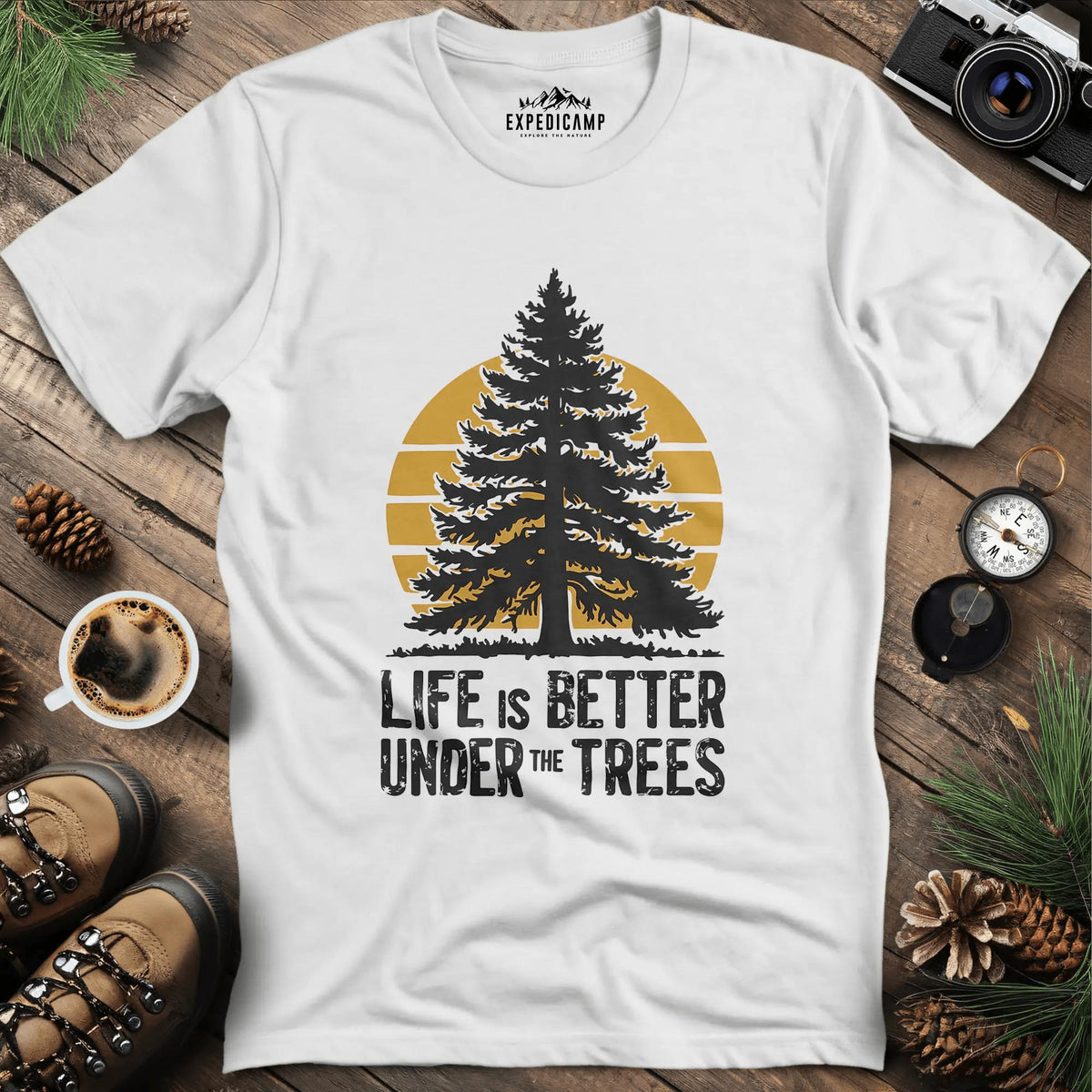 Life is Better Under the Trees T-Shirt – White – Outdoor apparel for travel, hiking, camping, and nature lovers – ExpediCamp