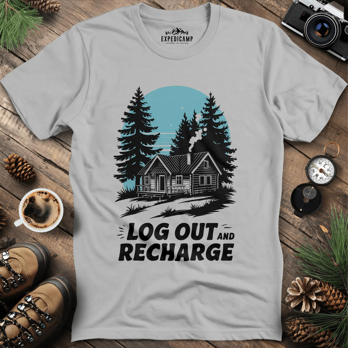 Log Out and Recharge Cabin T-Shirt – Ice Grey – Outdoor apparel for travel, hiking, camping, and nature lovers – ExpediCamp