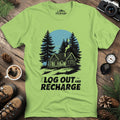 Log Out and Recharge Cabin T-Shirt – Kiwi – Outdoor apparel for travel, hiking, camping, and nature lovers – ExpediCamp