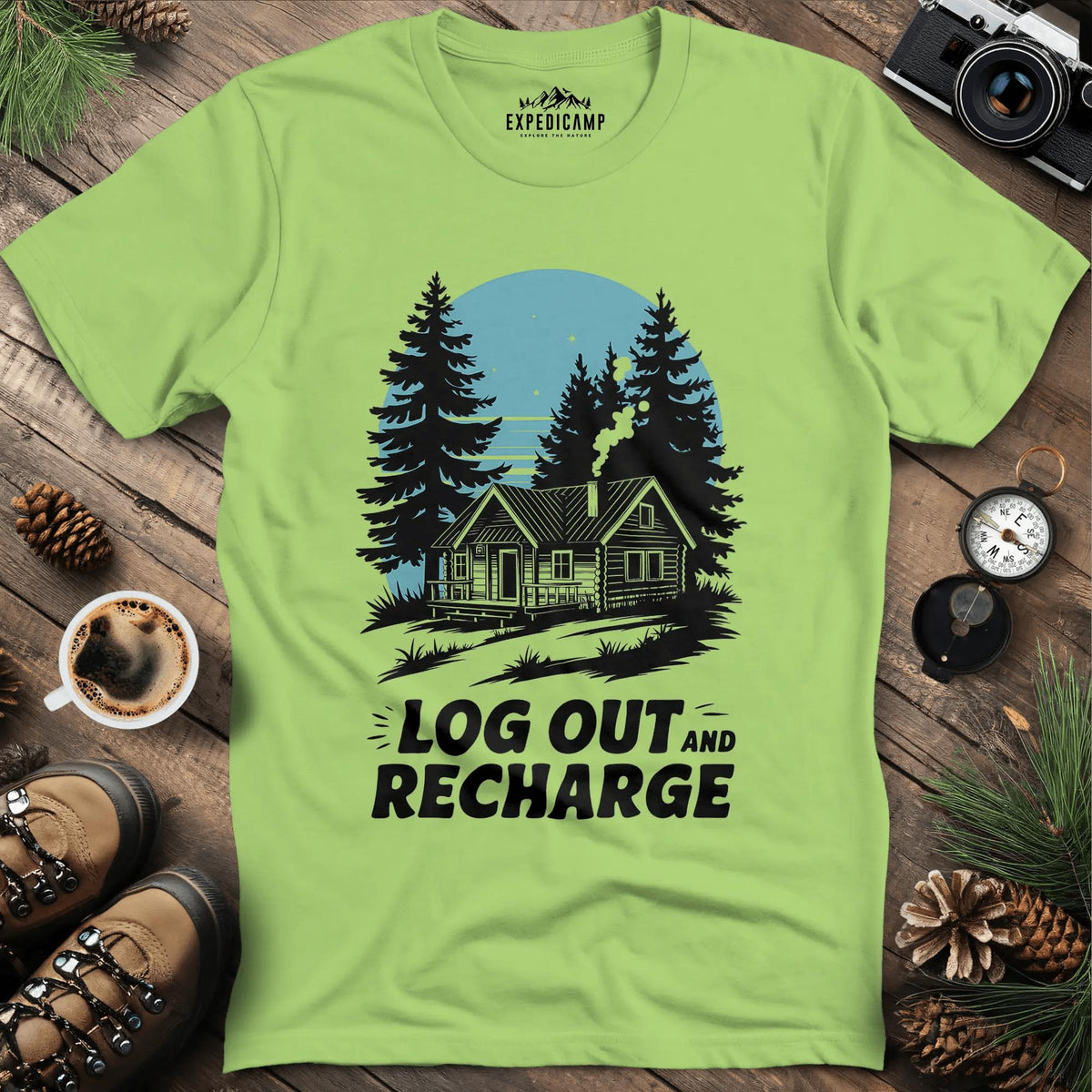 Log Out and Recharge Cabin T-Shirt – Kiwi – Outdoor apparel for travel, hiking, camping, and nature lovers – ExpediCamp