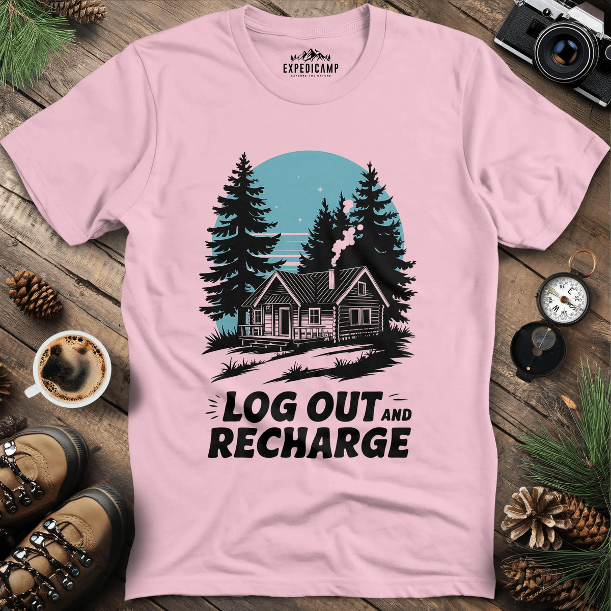 Log Out and Recharge Cabin T-Shirt – Light Pink – Outdoor apparel for travel, hiking, camping, and nature lovers – ExpediCamp