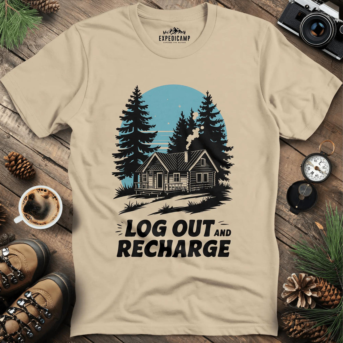 Log Out and Recharge Cabin T-Shirt – Sand – Outdoor apparel for travel, hiking, camping, and nature lovers – ExpediCamp