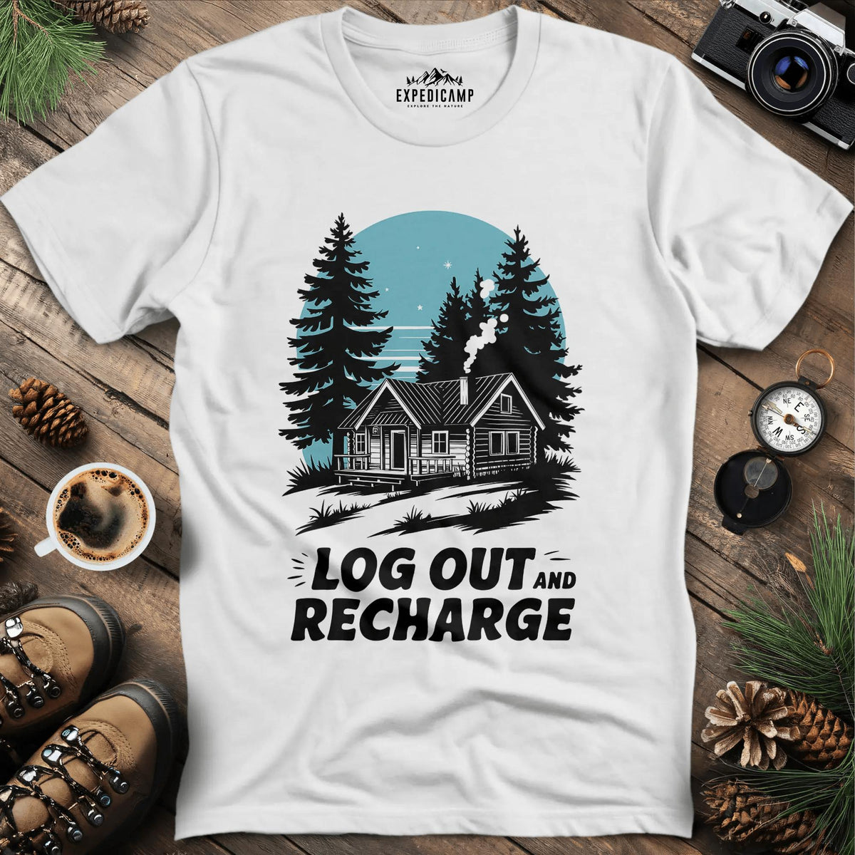 Log Out and Recharge Cabin T-Shirt – White – Outdoor apparel for travel, hiking, camping, and nature lovers – ExpediCamp
