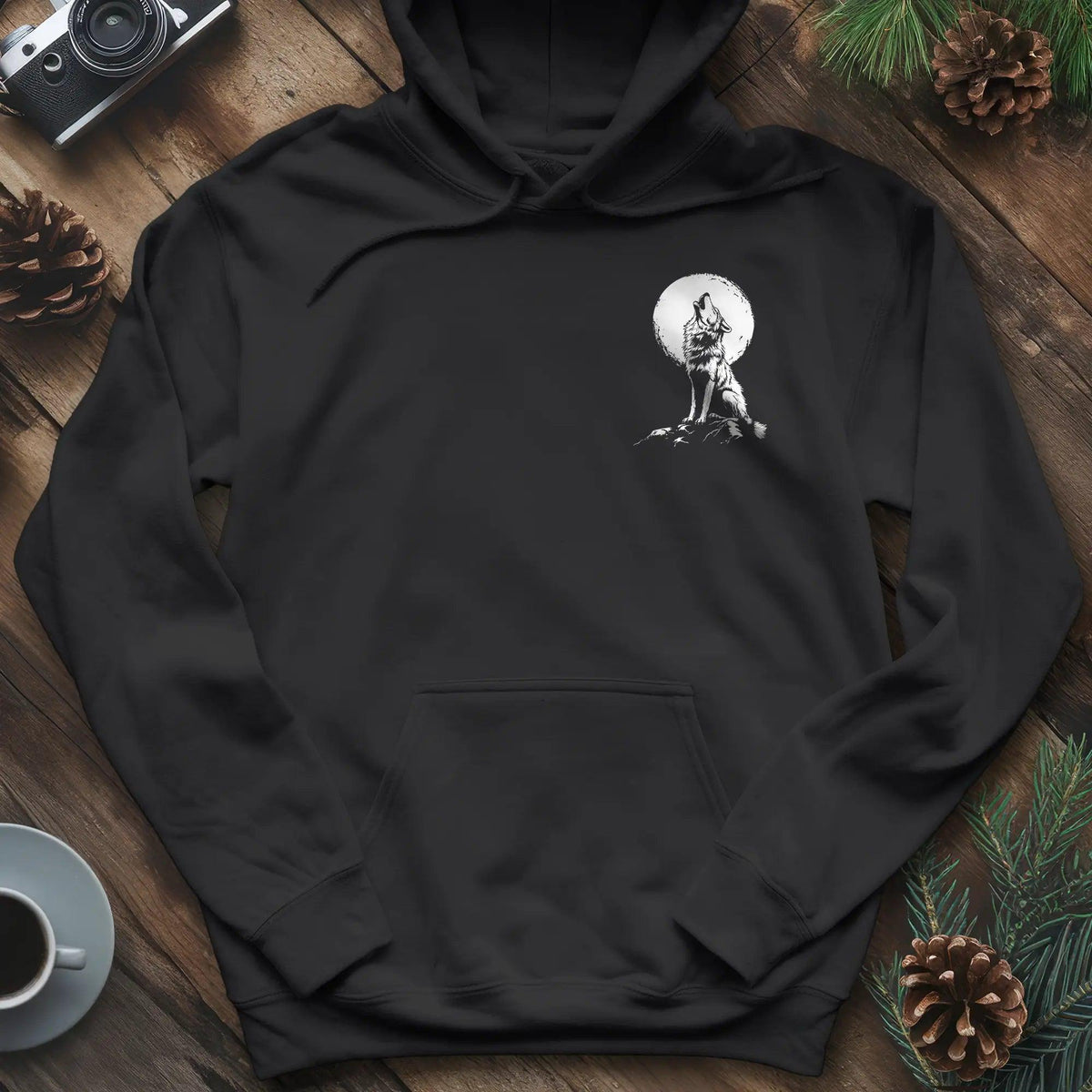 Lone Wolf Full Moon Hoodie – Black – Outdoor apparel for travel, hiking, camping, and nature lovers – ExpediCamp