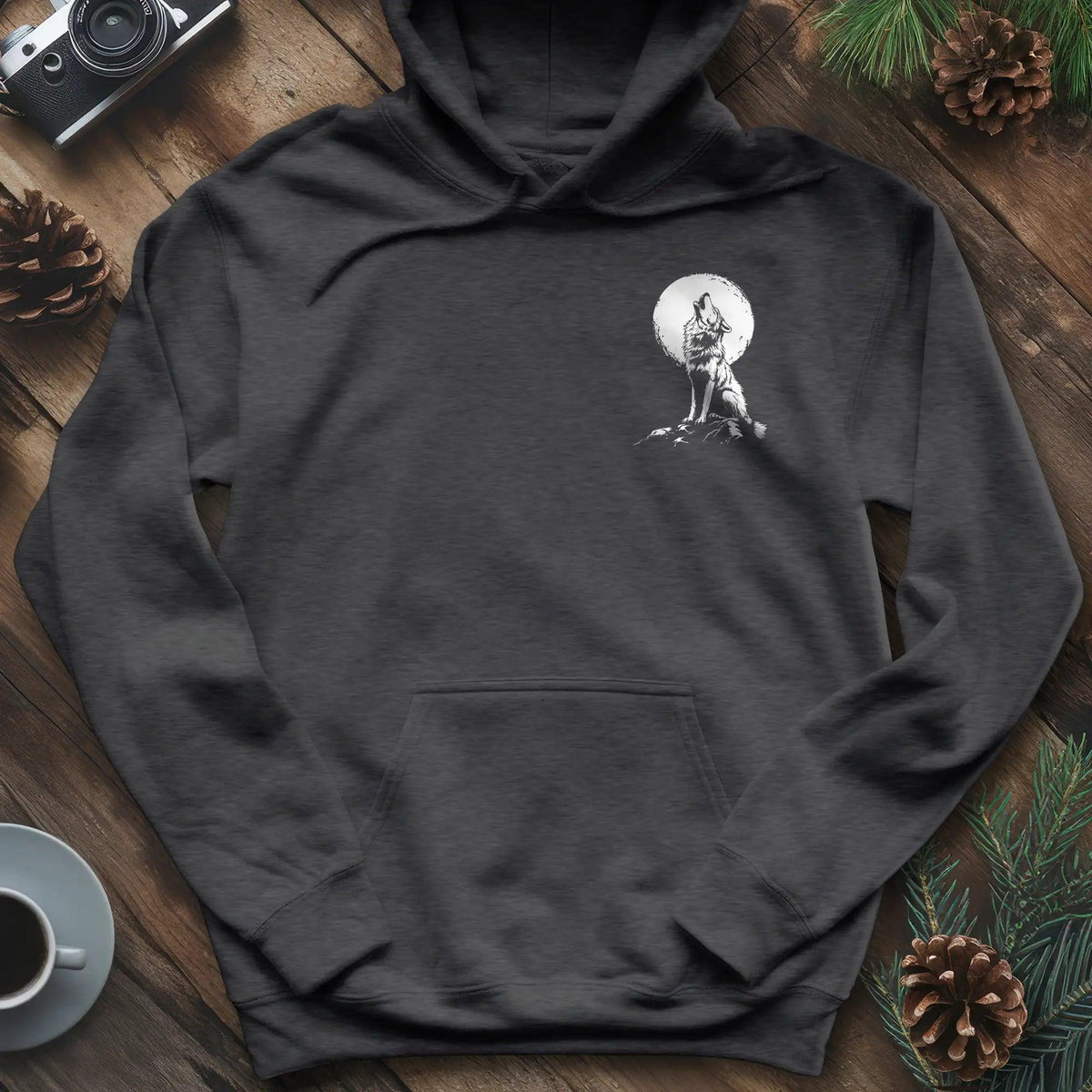 Lone Wolf Full Moon Hoodie – Dark Heather – Outdoor apparel for travel, hiking, camping, and nature lovers – ExpediCamp