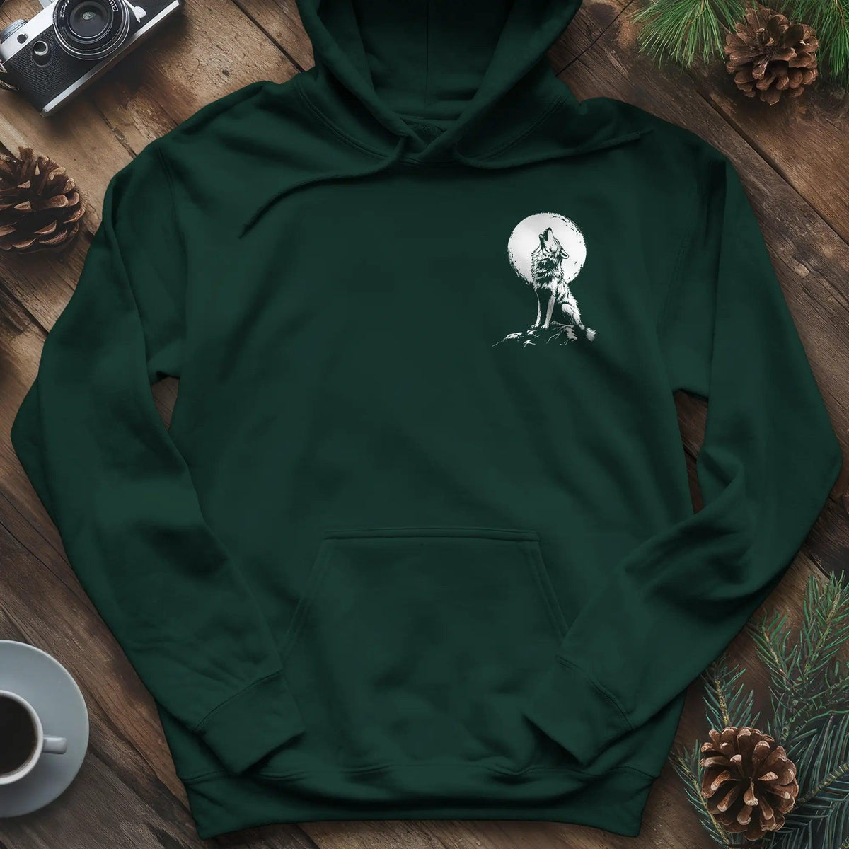 Lone Wolf Full Moon Hoodie – Forest Green – Outdoor apparel for travel, hiking, camping, and nature lovers – ExpediCamp
