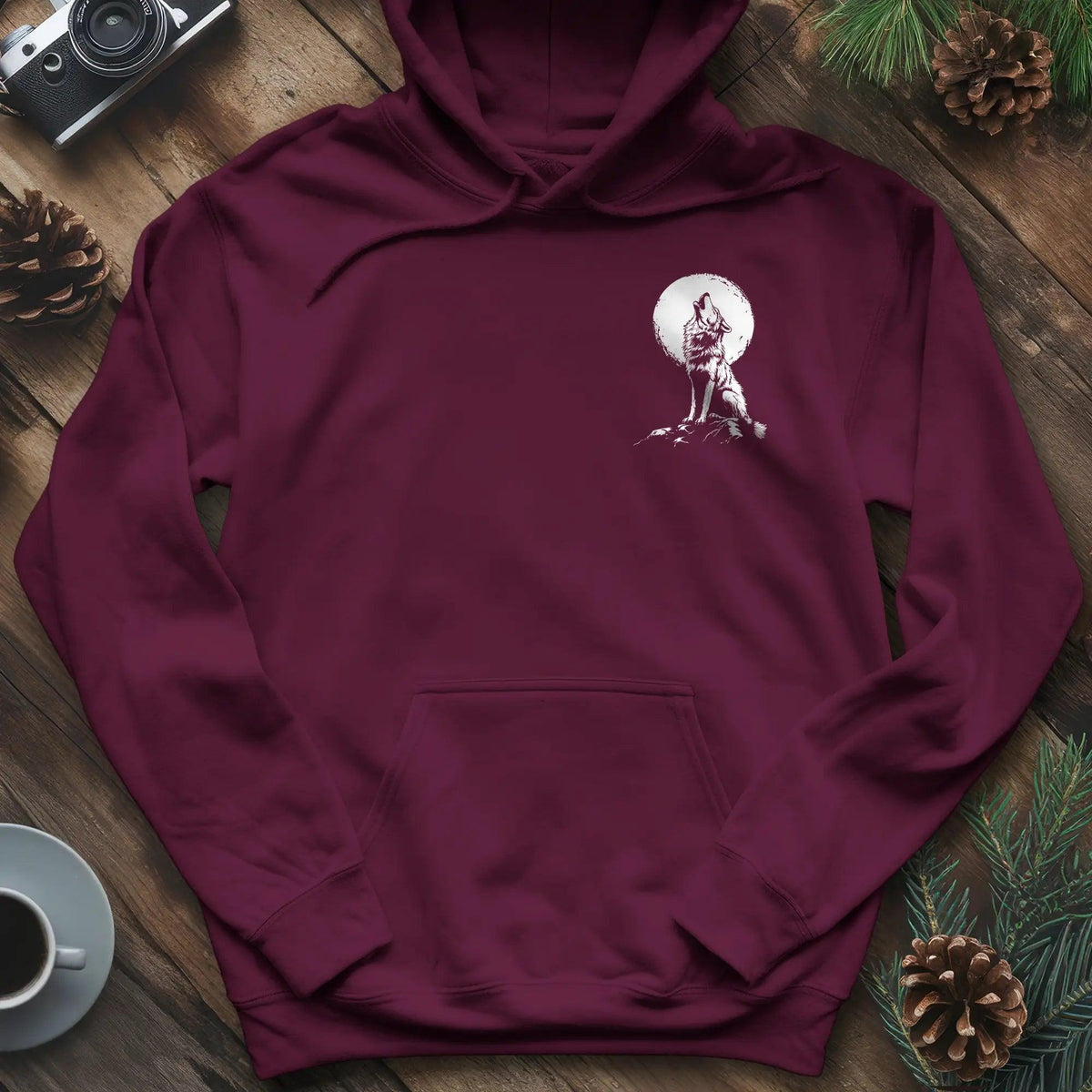 Lone Wolf Full Moon Hoodie – Maroon – Outdoor apparel for travel, hiking, camping, and nature lovers – ExpediCamp