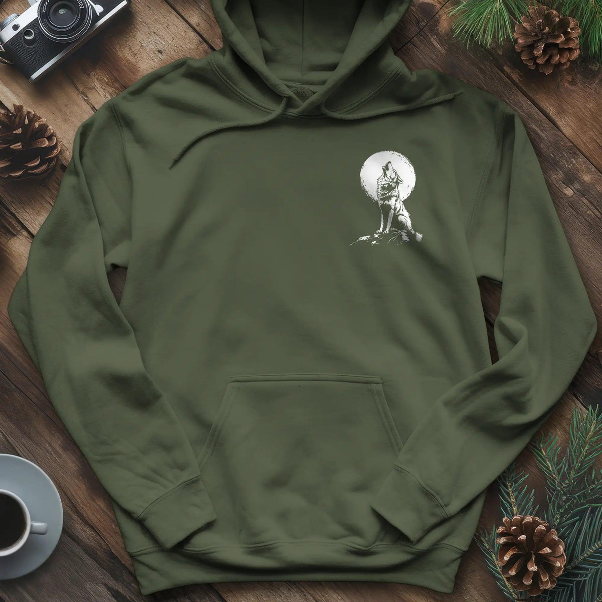 Lone Wolf Full Moon Hoodie – Military Green – Outdoor apparel for travel, hiking, camping, and nature lovers – ExpediCamp