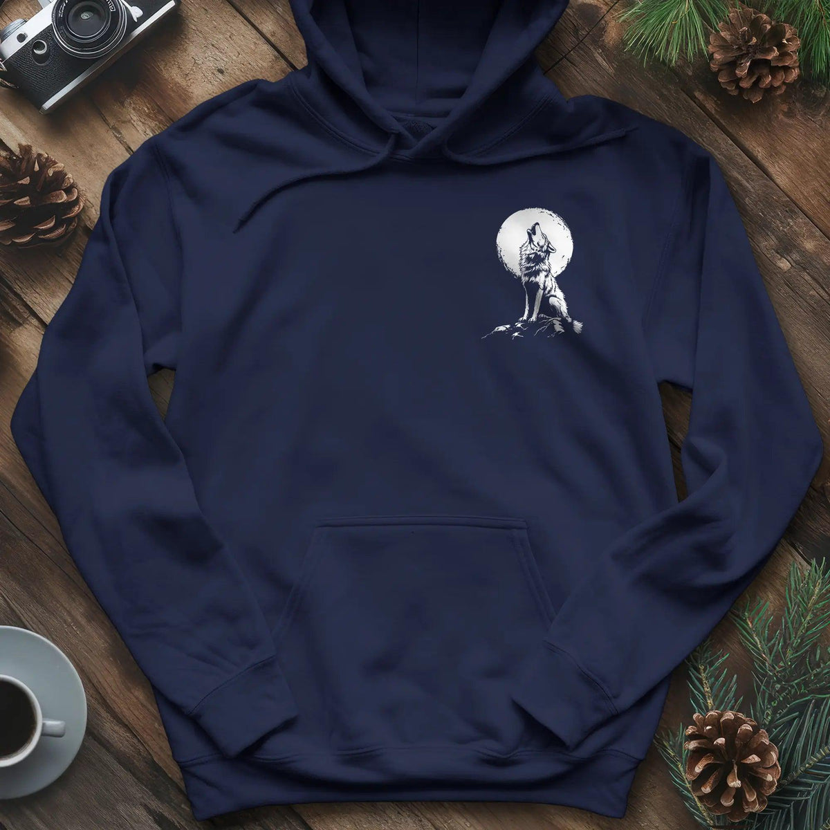 Lone Wolf Full Moon Hoodie – Navy – Outdoor apparel for travel, hiking, camping, and nature lovers – ExpediCamp