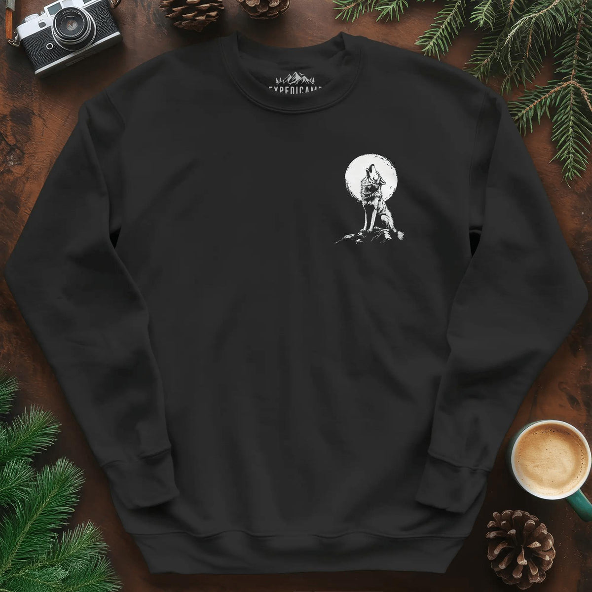Lone Wolf Full Moon Sweatshirt – Black – Outdoor apparel for travel, hiking, camping, and nature lovers – ExpediCamp