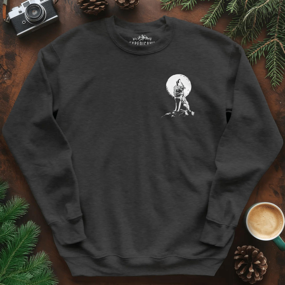 Lone Wolf Full Moon Sweatshirt – Dark Heather – Outdoor apparel for travel, hiking, camping, and nature lovers – ExpediCamp