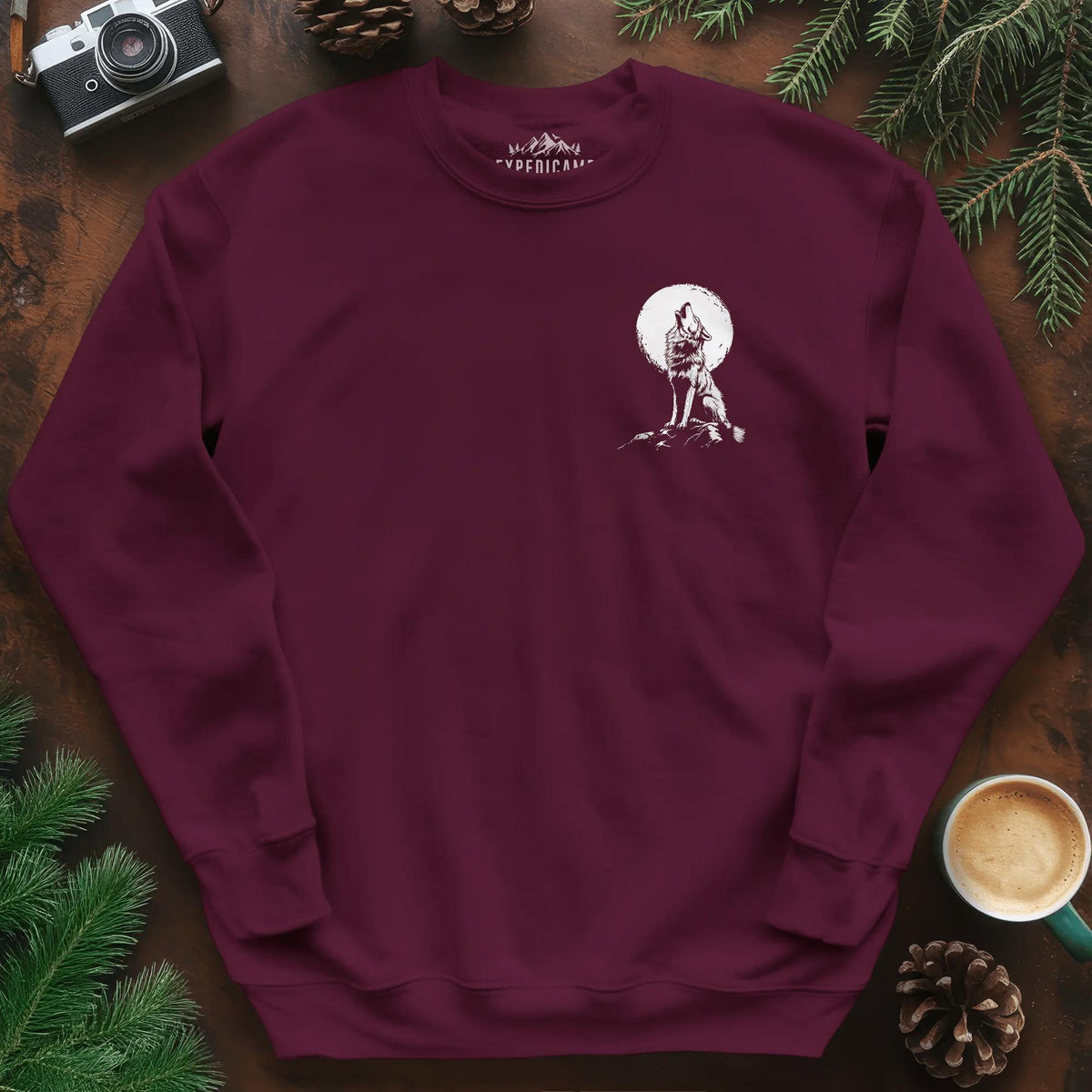 Lone Wolf Full Moon Sweatshirt – Maroon – Outdoor apparel for travel, hiking, camping, and nature lovers – ExpediCamp