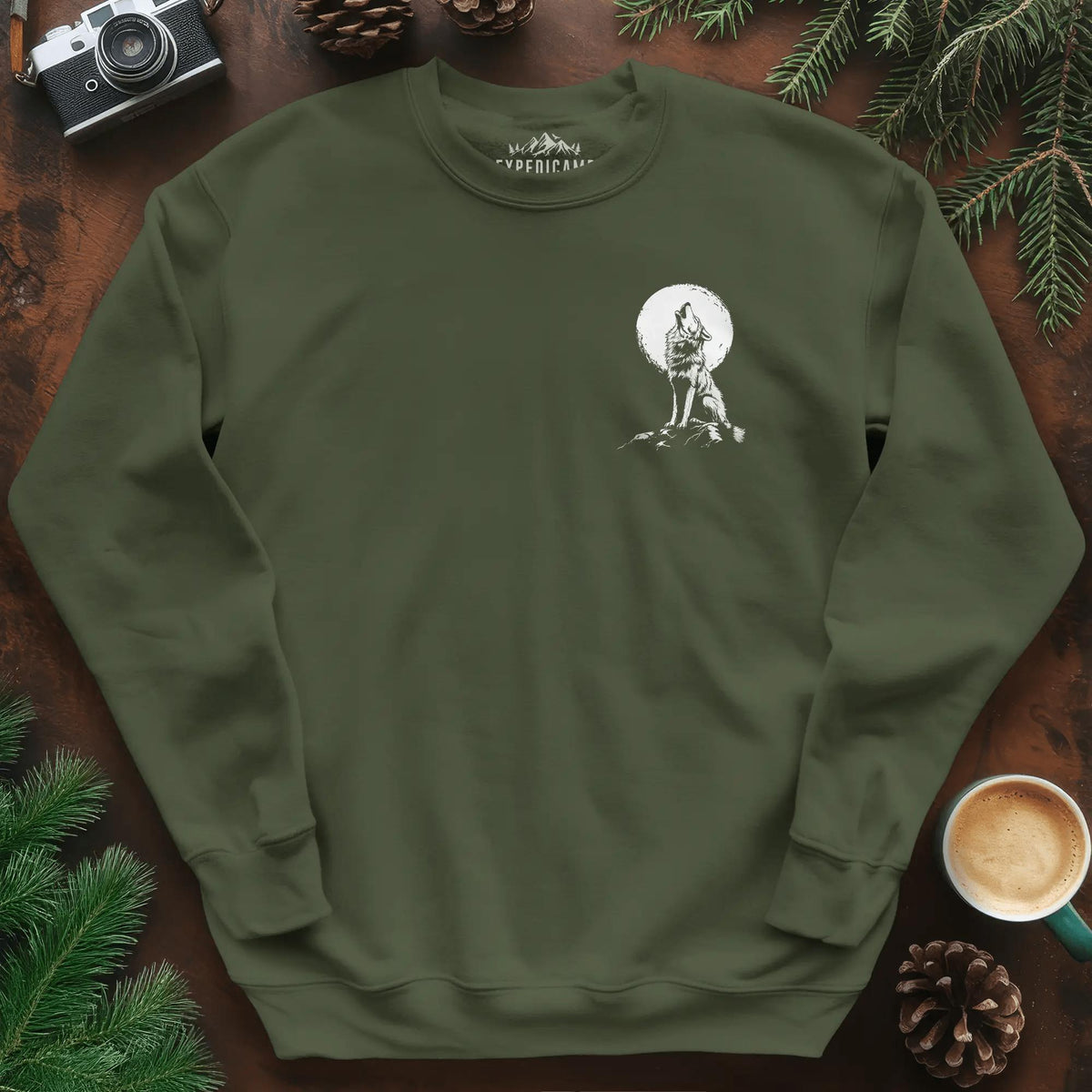Lone Wolf Full Moon Sweatshirt – Military Green – Outdoor apparel for travel, hiking, camping, and nature lovers – ExpediCamp