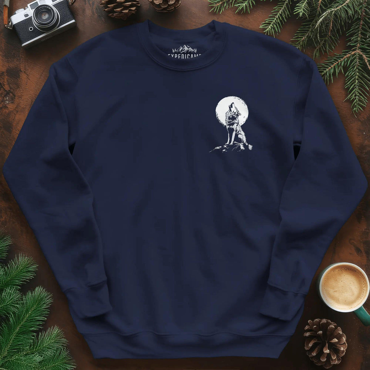 Lone Wolf Full Moon Sweatshirt – Navy – Outdoor apparel for travel, hiking, camping, and nature lovers – ExpediCamp