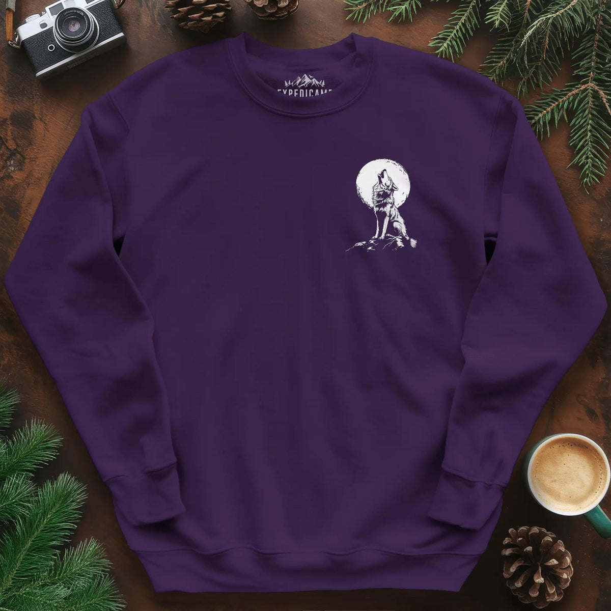 Lone Wolf Full Moon Sweatshirt – Purple – Outdoor apparel for travel, hiking, camping, and nature lovers – ExpediCamp