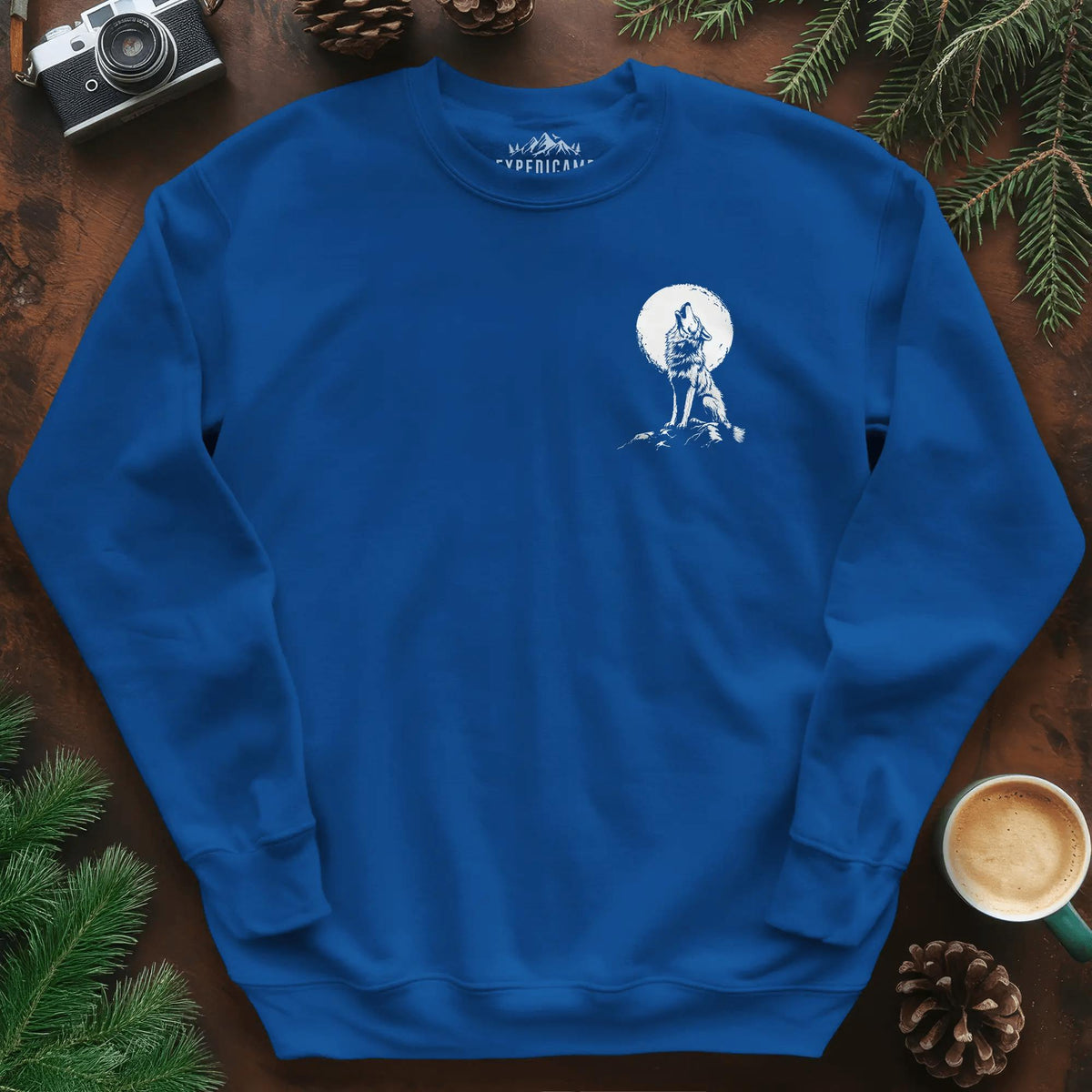 Lone Wolf Full Moon Sweatshirt – Royal – Outdoor apparel for travel, hiking, camping, and nature lovers – ExpediCamp