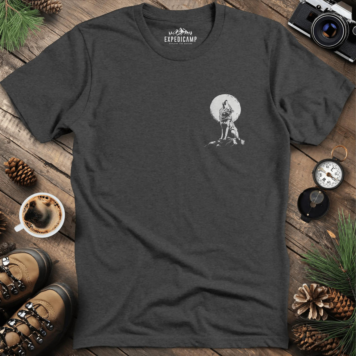 Lone Wolf Full Moon T-Shirt – Dark Heather – Outdoor apparel for travel, hiking, camping, and nature lovers – ExpediCamp