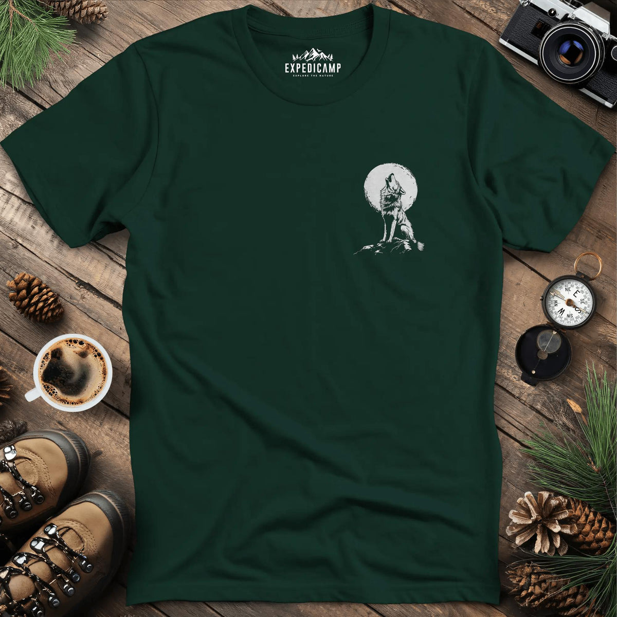 Lone Wolf Full Moon T-Shirt – Forest Green – Outdoor apparel for travel, hiking, camping, and nature lovers – ExpediCamp