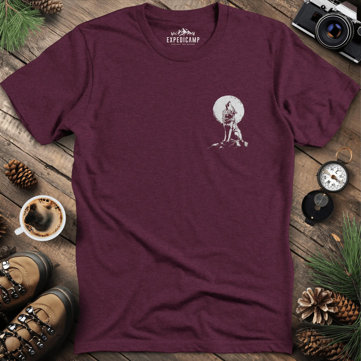 Lone Wolf Full Moon T-Shirt – Heather Maroon – Outdoor apparel for travel, hiking, camping, and nature lovers – ExpediCamp