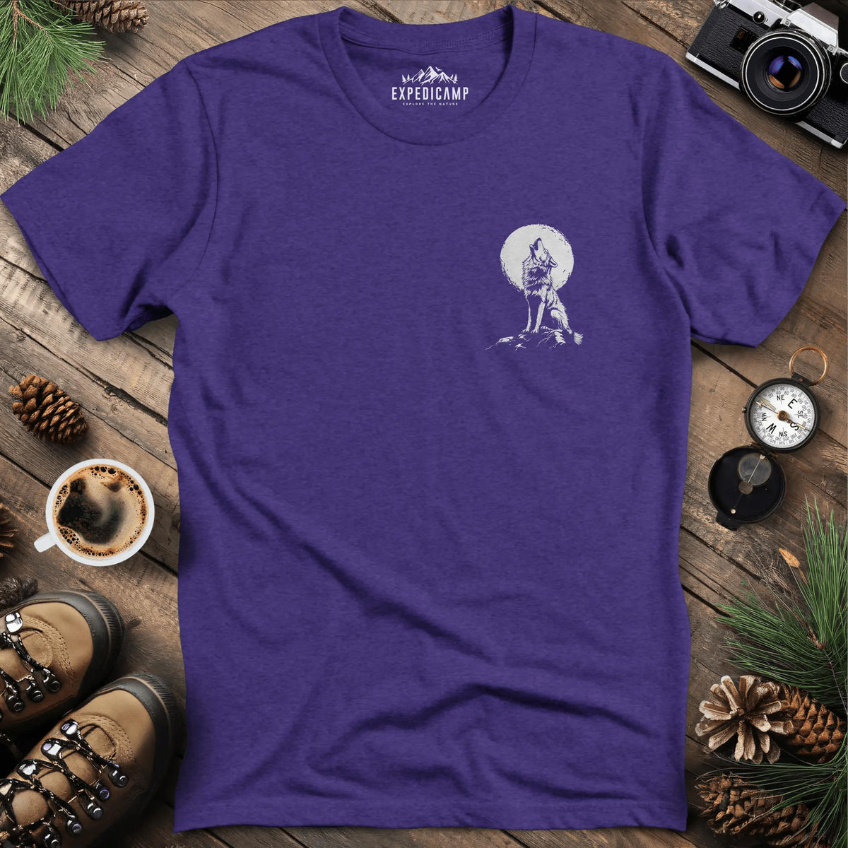 Lone Wolf Full Moon T-Shirt – Heather Purple – Outdoor apparel for travel, hiking, camping, and nature lovers – ExpediCamp