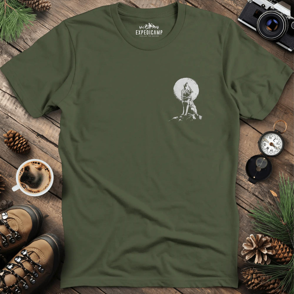 Lone Wolf Full Moon T-Shirt – Military Green – Outdoor apparel for travel, hiking, camping, and nature lovers – ExpediCamp