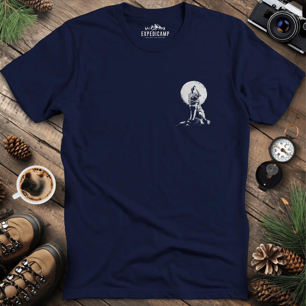 Lone Wolf Full Moon T-Shirt – Navy – Outdoor apparel for travel, hiking, camping, and nature lovers – ExpediCamp
