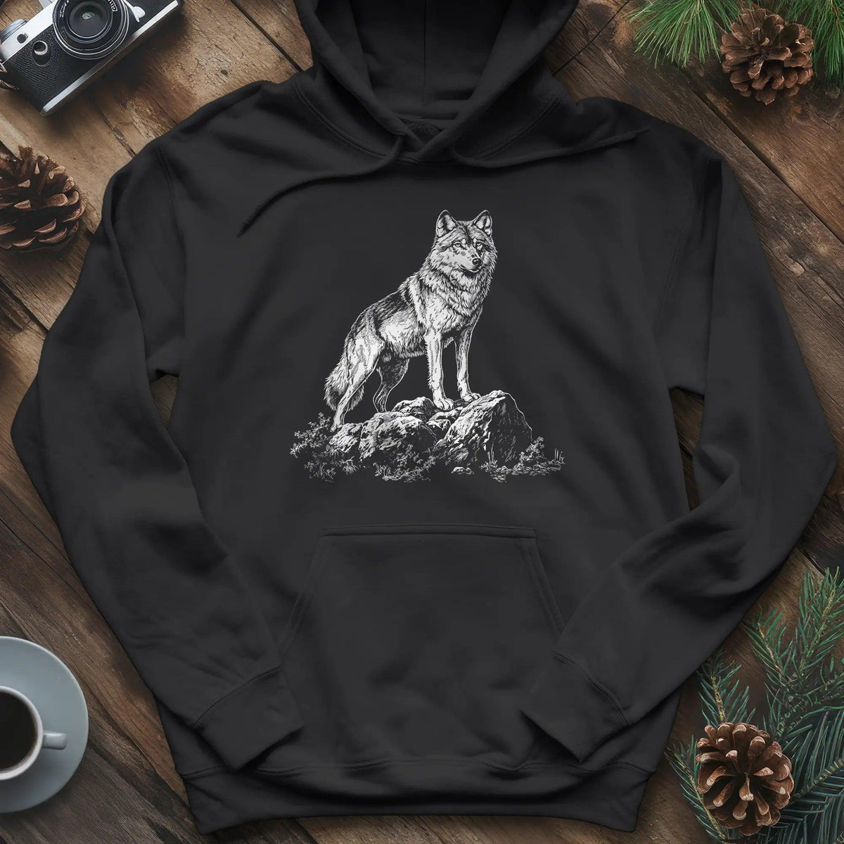 Lone Wolf Hoodie – Black – Outdoor apparel for travel, hiking, camping, and nature lovers – ExpediCamp