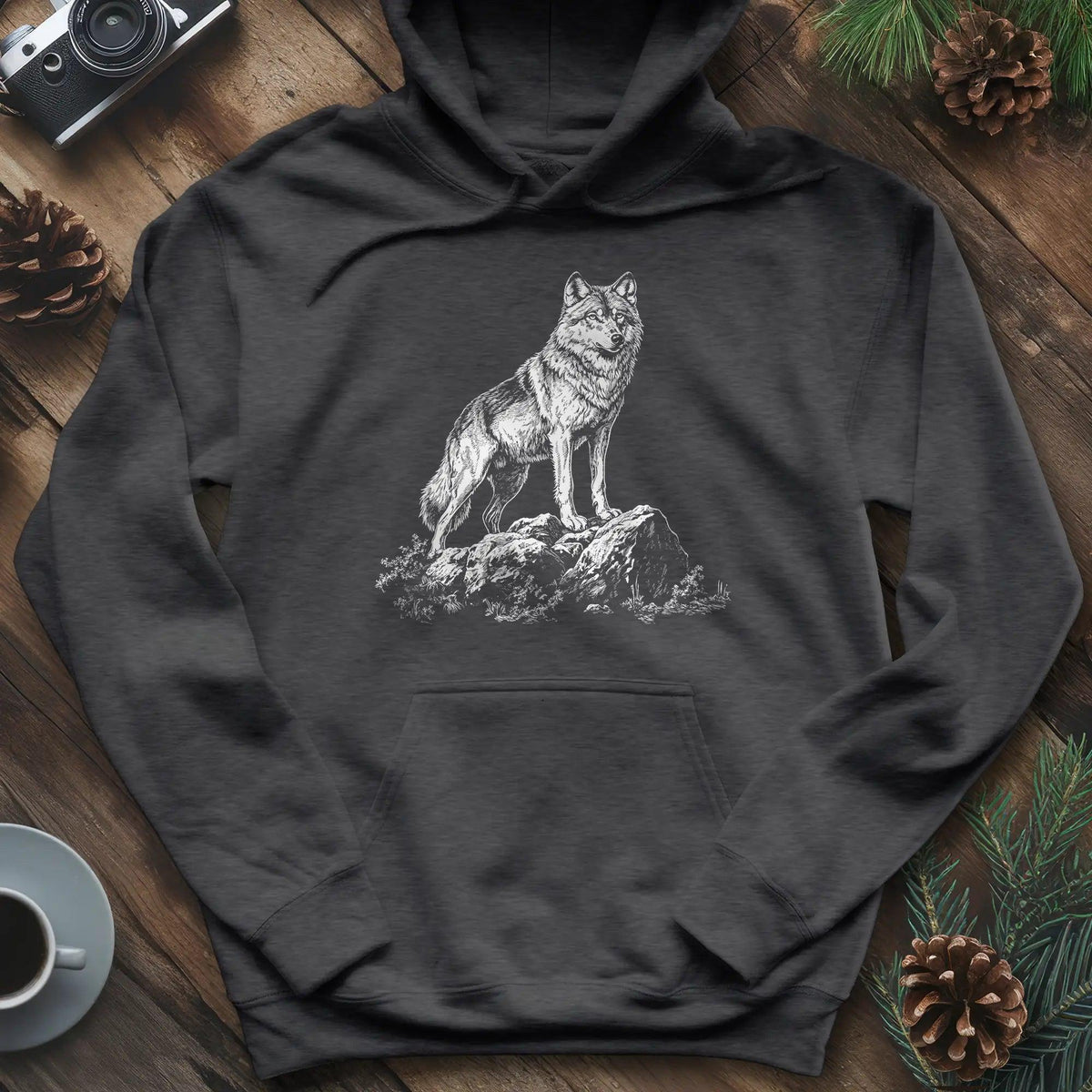Lone Wolf Hoodie – Dark Heather – Outdoor apparel for travel, hiking, camping, and nature lovers – ExpediCamp