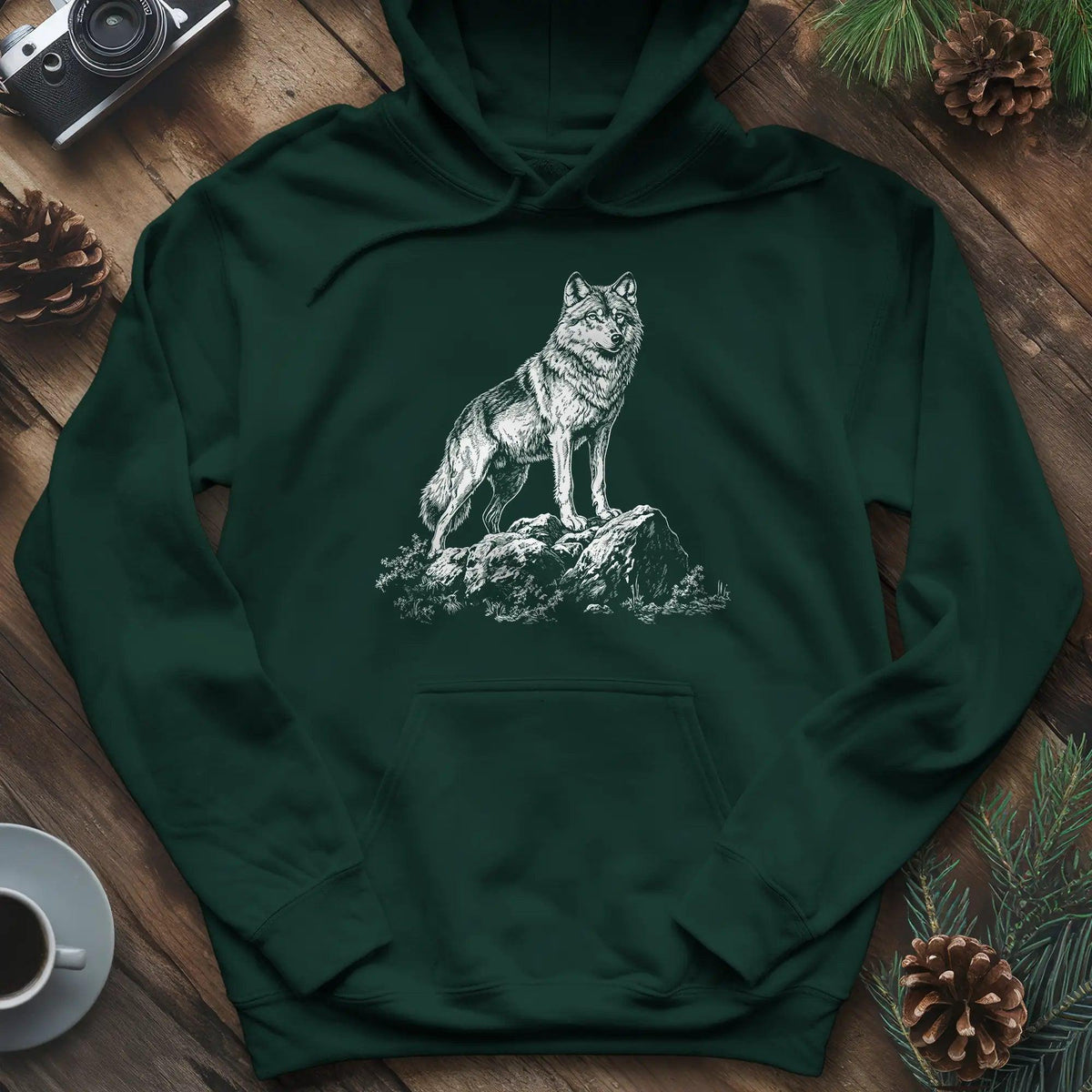 Lone Wolf Hoodie – Forest Green – Outdoor apparel for travel, hiking, camping, and nature lovers – ExpediCamp