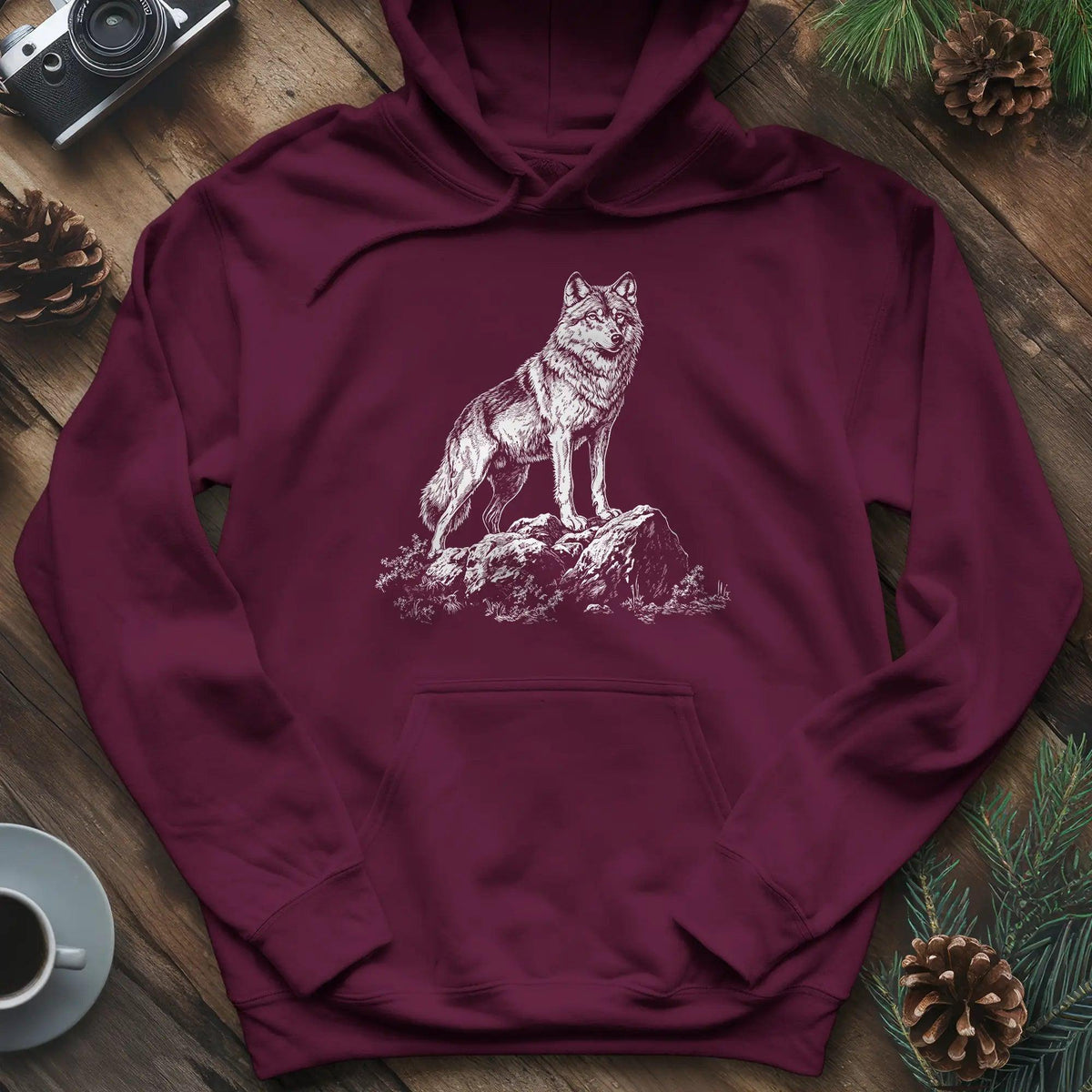 Lone Wolf Hoodie – Maroon – Outdoor apparel for travel, hiking, camping, and nature lovers – ExpediCamp