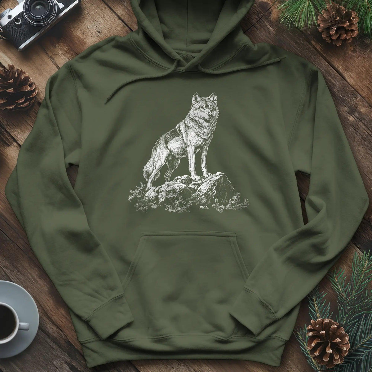 Lone Wolf Hoodie – Military Green – Outdoor apparel for travel, hiking, camping, and nature lovers – ExpediCamp