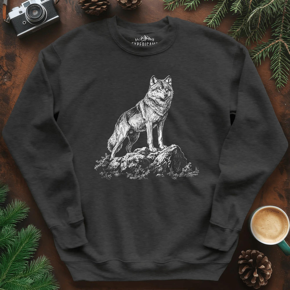 Lone Wolf Sweatshirt – Dark Heather – Outdoor apparel for travel, hiking, camping, and nature lovers – ExpediCamp