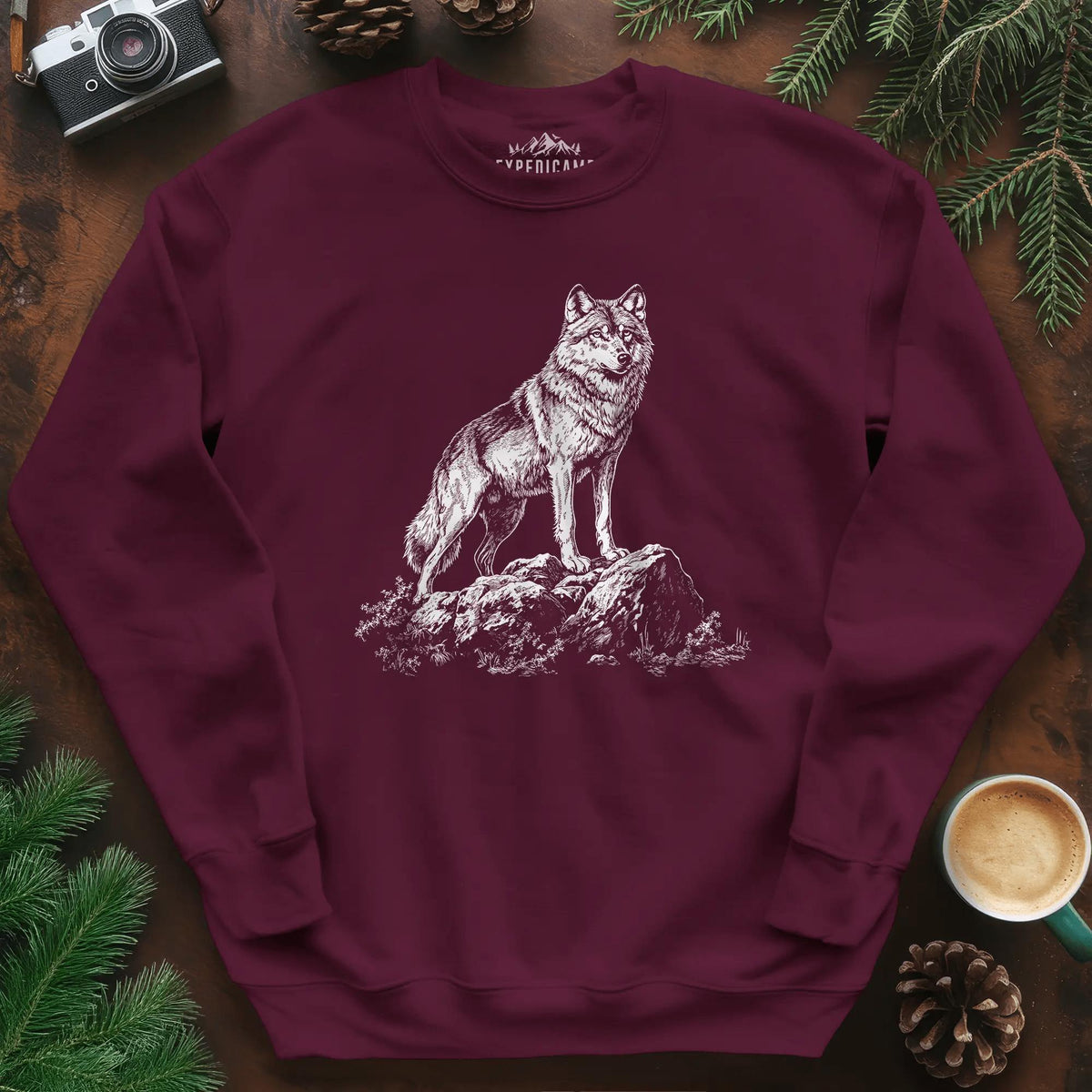 Lone Wolf Sweatshirt – Maroon – Outdoor apparel for travel, hiking, camping, and nature lovers – ExpediCamp