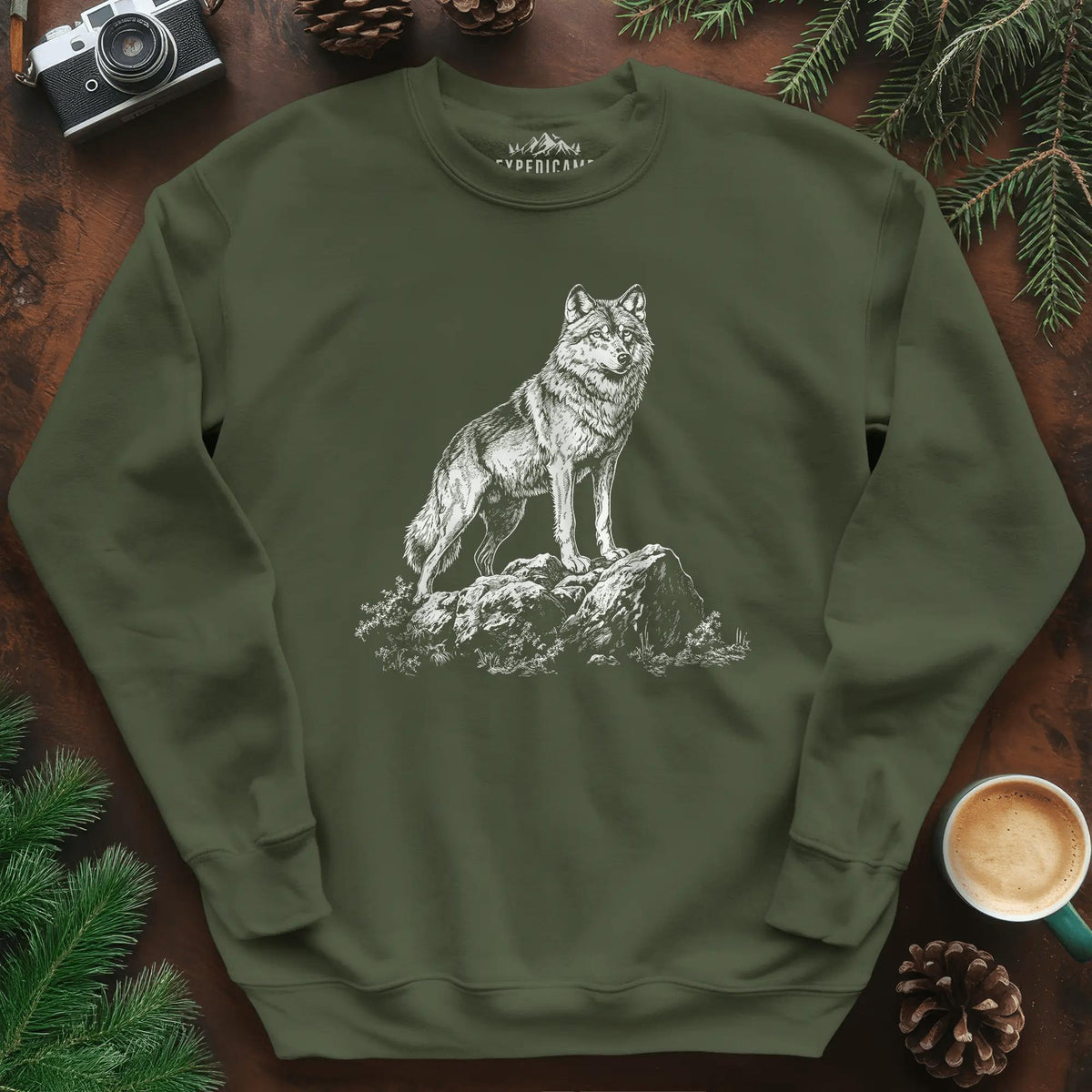Lone Wolf Sweatshirt – Military Green – Outdoor apparel for travel, hiking, camping, and nature lovers – ExpediCamp