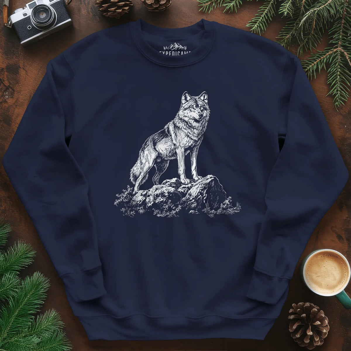 Lone Wolf Sweatshirt – Navy – Outdoor apparel for travel, hiking, camping, and nature lovers – ExpediCamp
