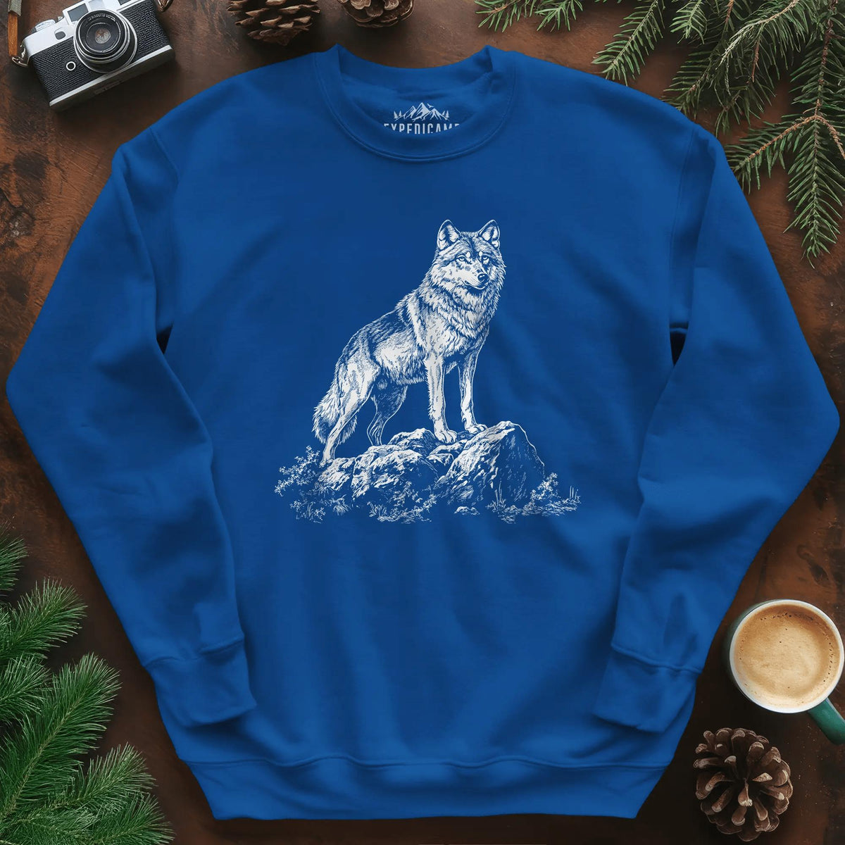 Lone Wolf Sweatshirt – Royal – Outdoor apparel for travel, hiking, camping, and nature lovers – ExpediCamp