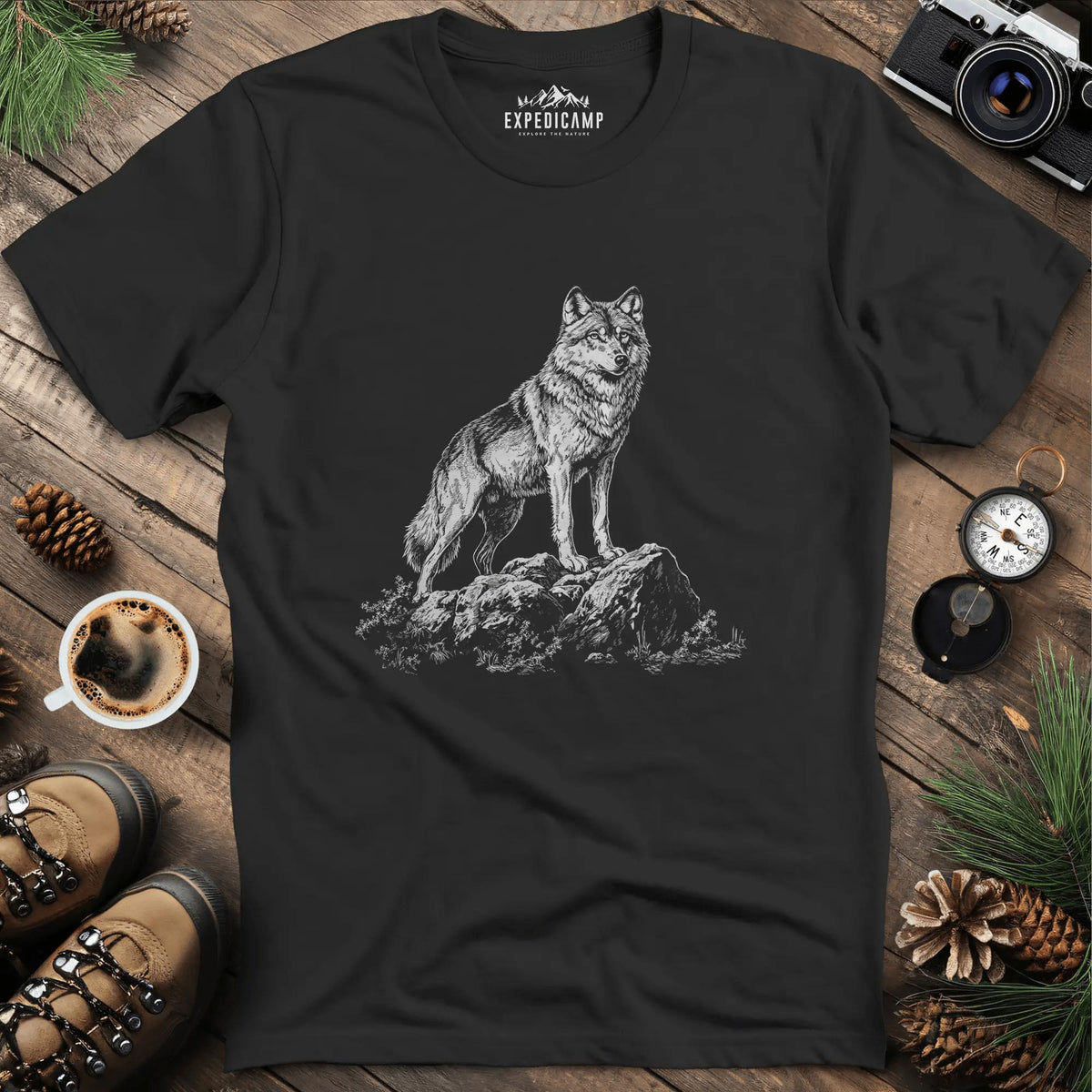 Lone Wolf T-Shirt – Black – Outdoor apparel for travel, hiking, camping, and nature lovers – ExpediCamp