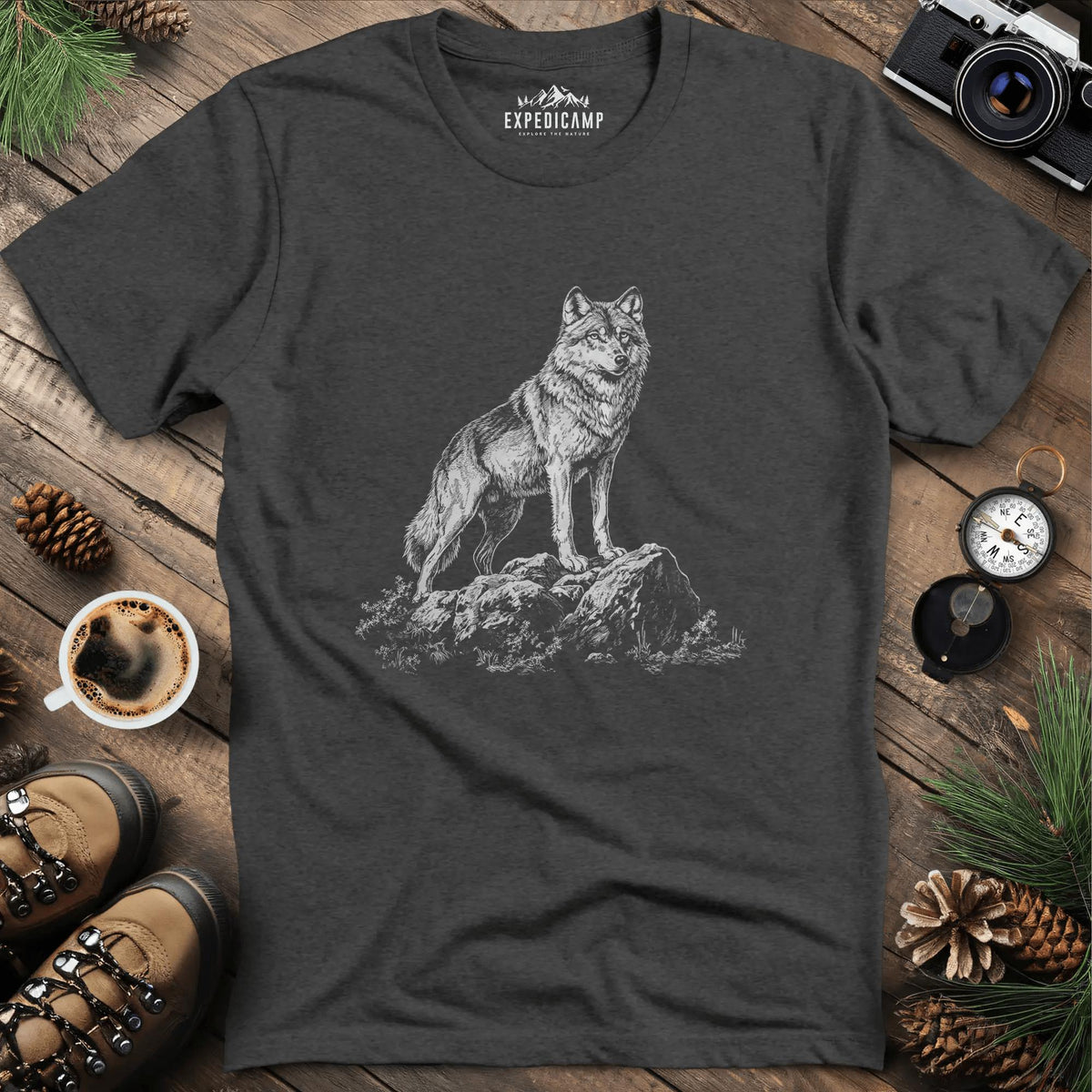 Lone Wolf T-Shirt – Dark Heather – Outdoor apparel for travel, hiking, camping, and nature lovers – ExpediCamp