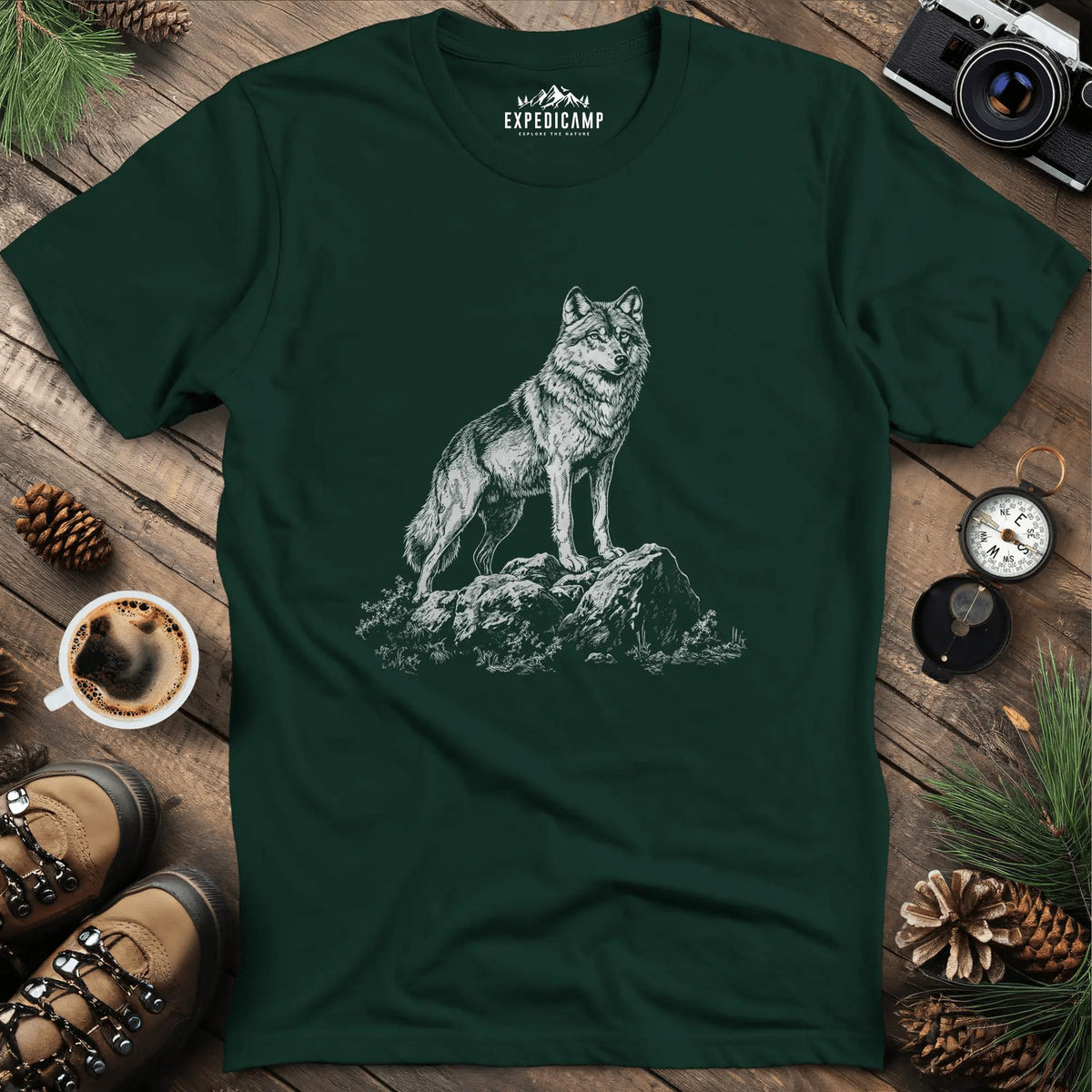 Lone Wolf T-Shirt – Forest Green – Outdoor apparel for travel, hiking, camping, and nature lovers – ExpediCamp