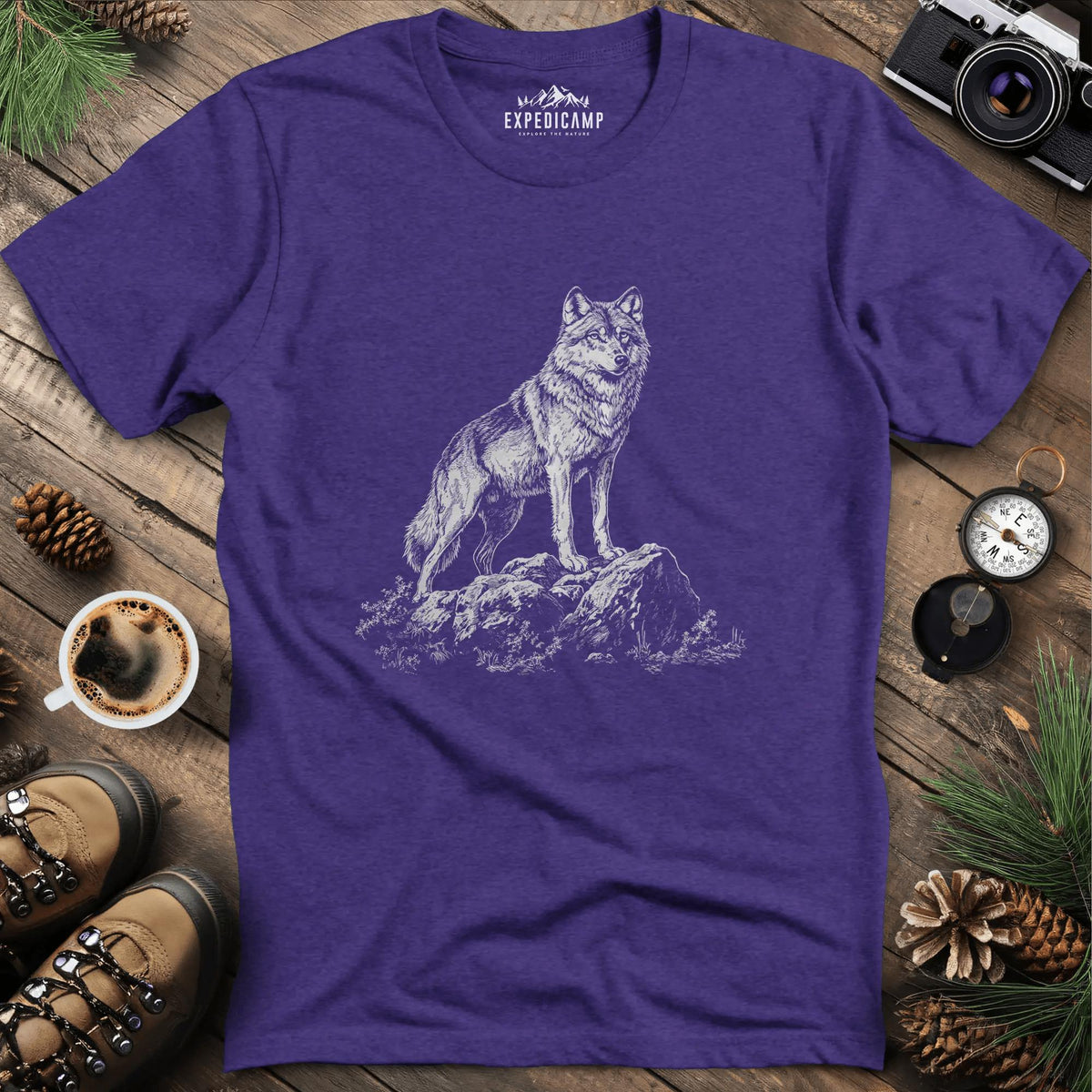 Lone Wolf T-Shirt – Heather Purple – Outdoor apparel for travel, hiking, camping, and nature lovers – ExpediCamp